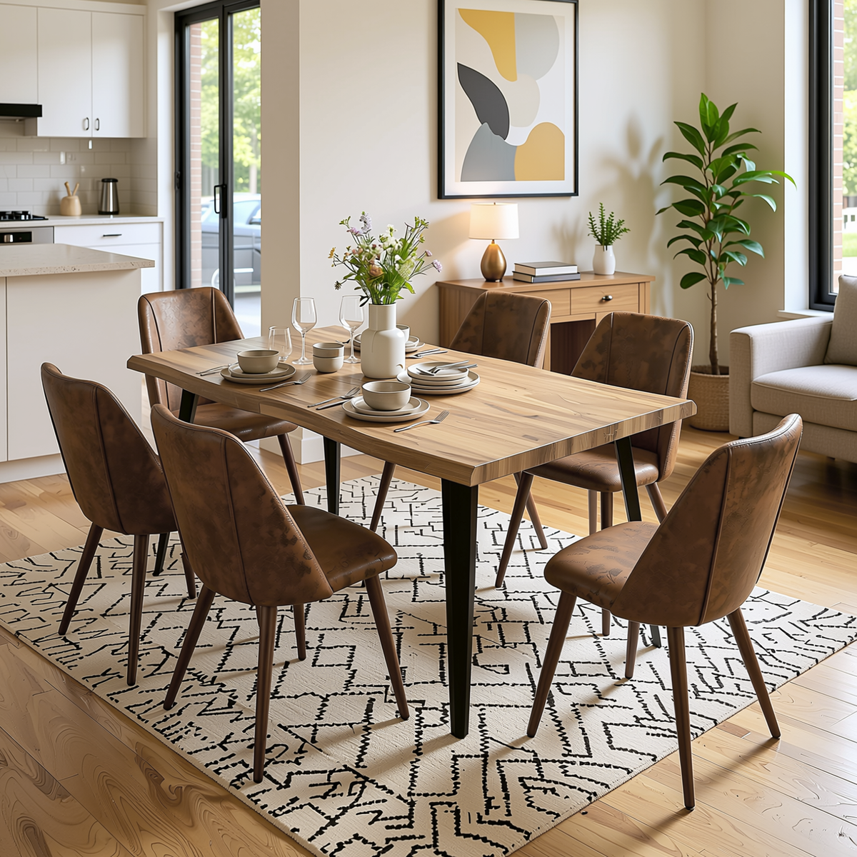 Homy Casa LANCELOT+KALI 7PC Dining Set 63" Table with 6 Upholstered Chairs Walnut Finish
