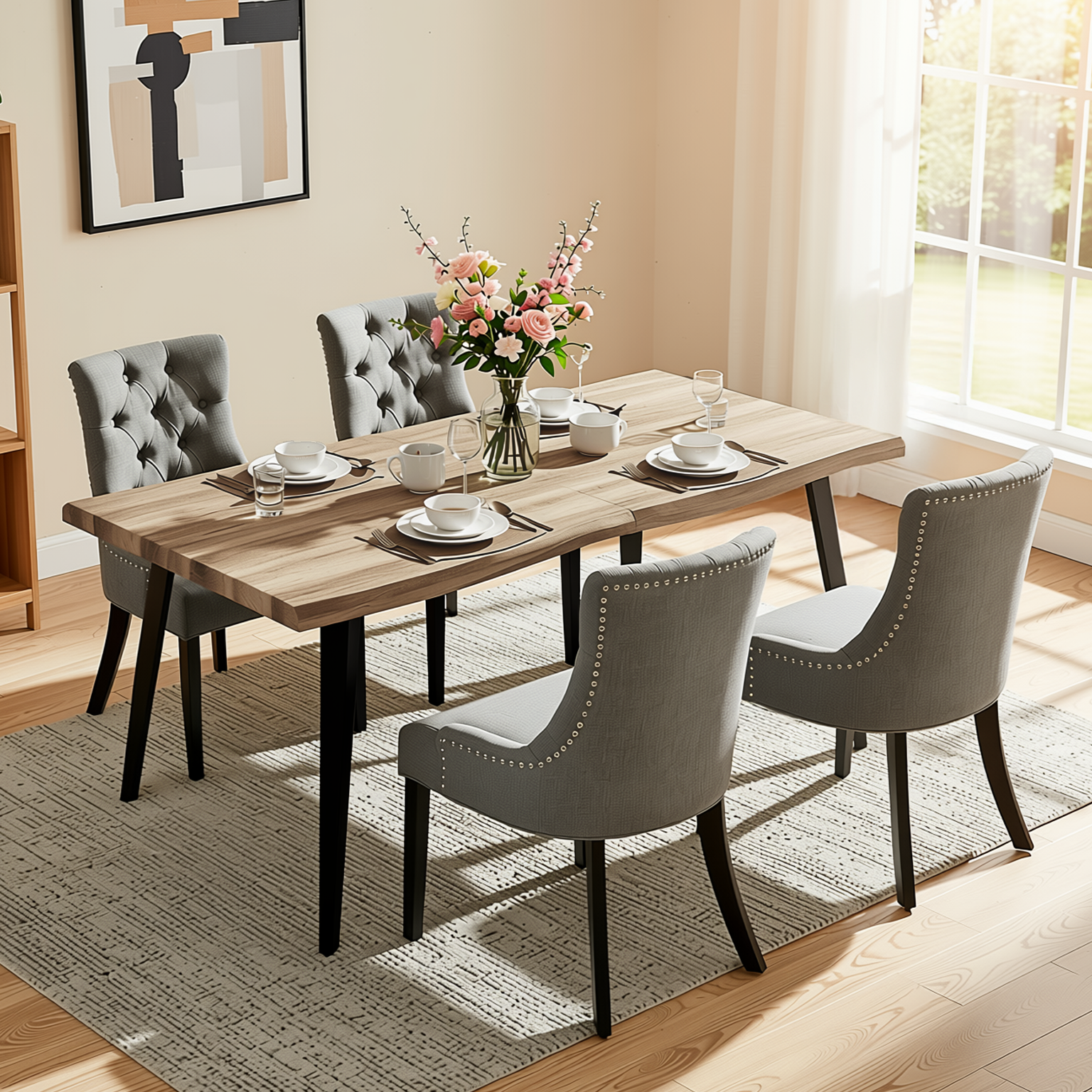 Homy Casa LANCELOT+NUTTON 5PC Dining Set 63" Walnut Table with 4 Ebony Charcoal Upholstered Chairs