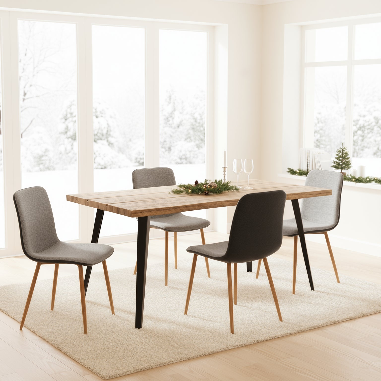 Homy Casa Lancelot 5PC Dining Set 63” Oak Table with 4 Scargill Upholstered Chairs,Grey