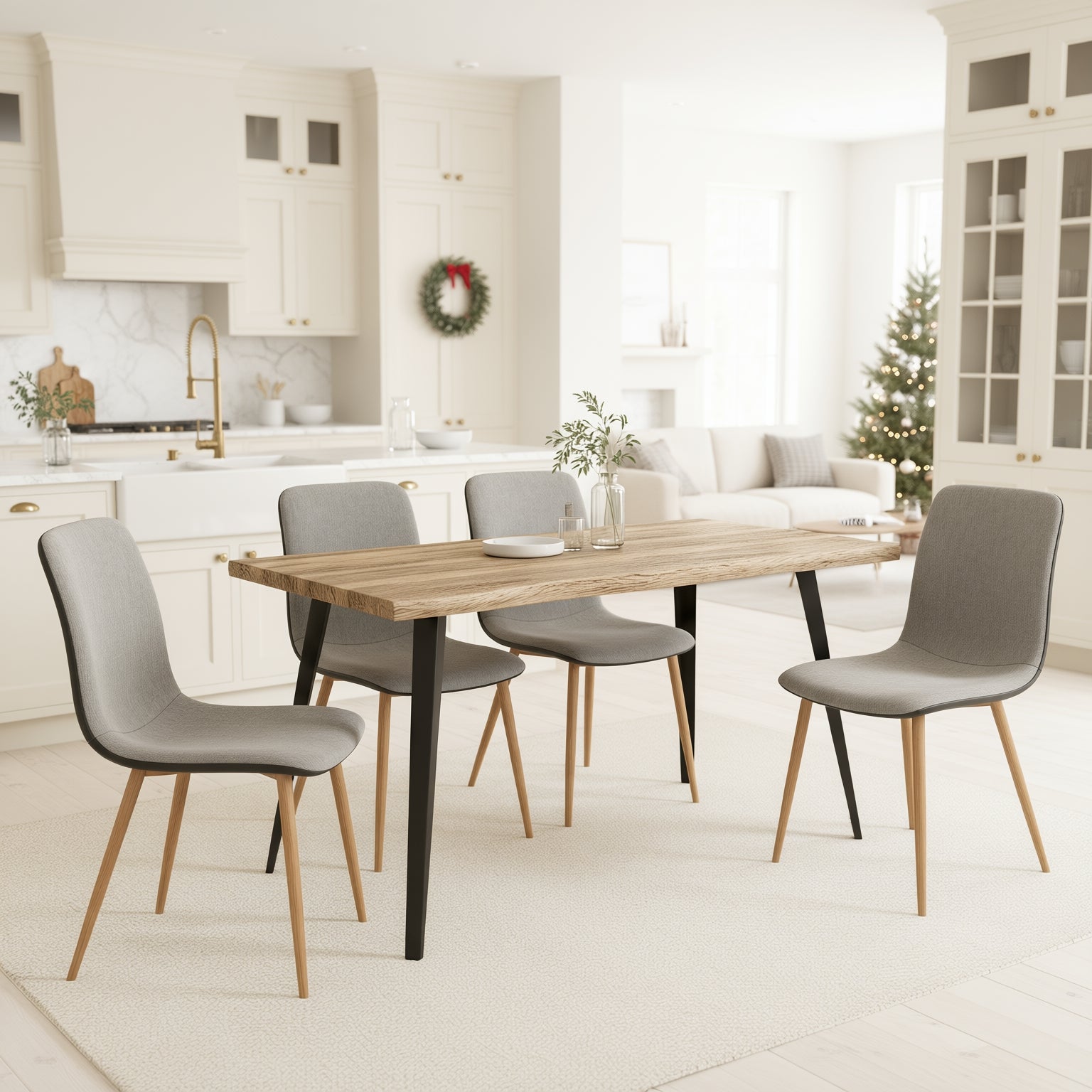 Homy Casa Lancelot 5PC Dining Table Set 63” Walnut Table with 4 Scargill Upholstered Chairs,Grey