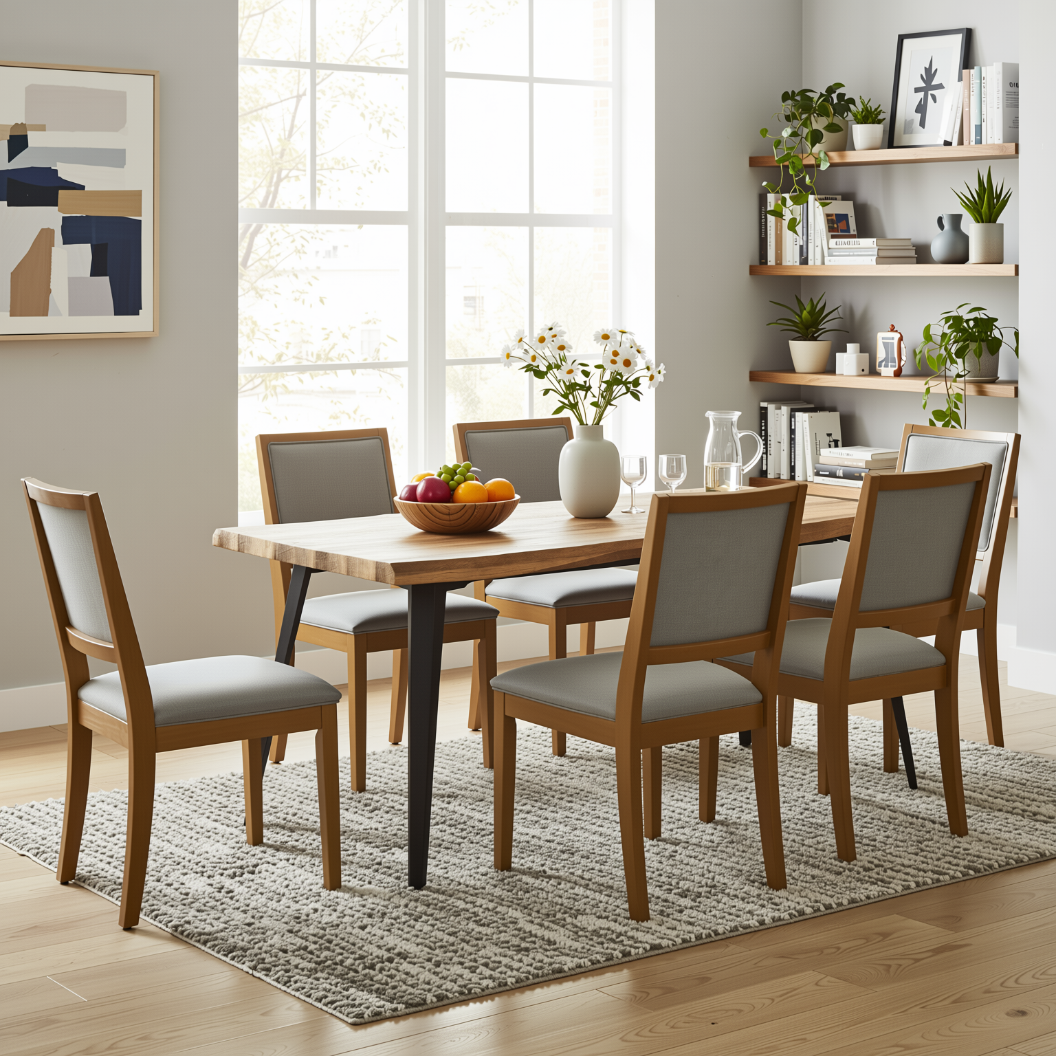 Homy Casa LANCELOT 7 Piece Walnut 63" Dining Table Set with 6 SIGET Upholsted Chairs