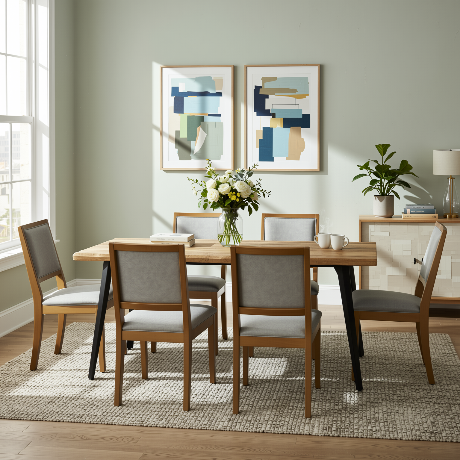 Homy Casa LANCELOT 7 Piece Walnut 63" Dining Table Set with 6 SIGET Upholsted Chairs