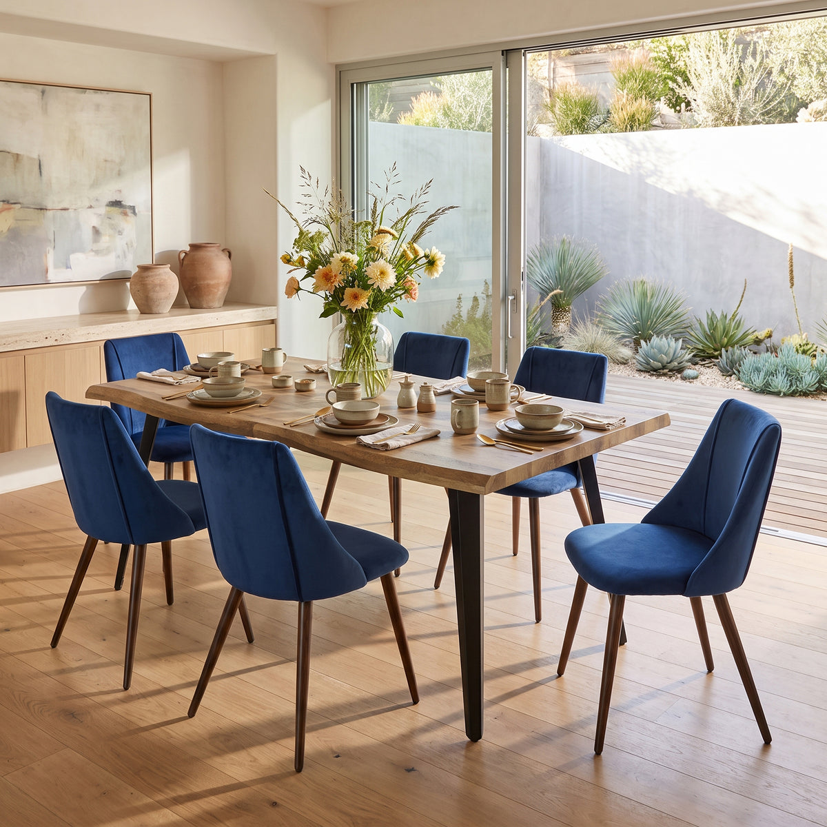 Homy Casa LANCELOT+SMEG 7PC Dining Set 63” Walnut Dining Table with 6 Dark Blue Upholstered Chairs Open Box