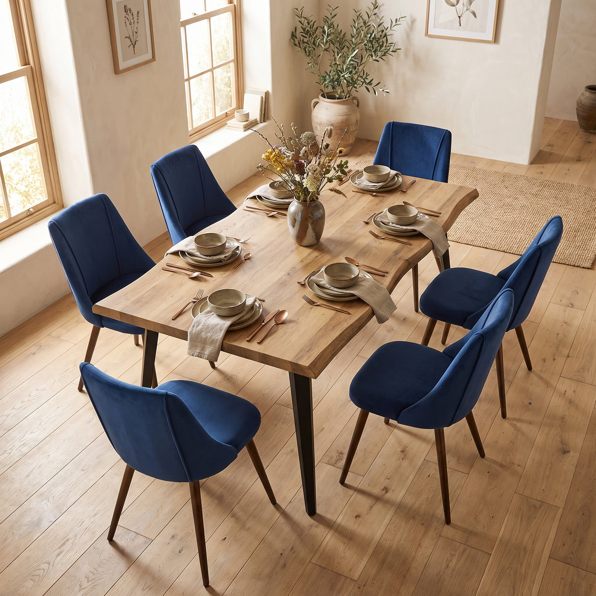 Homy Casa LANCELOT+SMEG 7PC Dining Set 63” Walnut Dining Table with 6 Dark Blue Upholstered Chairs Open Box
