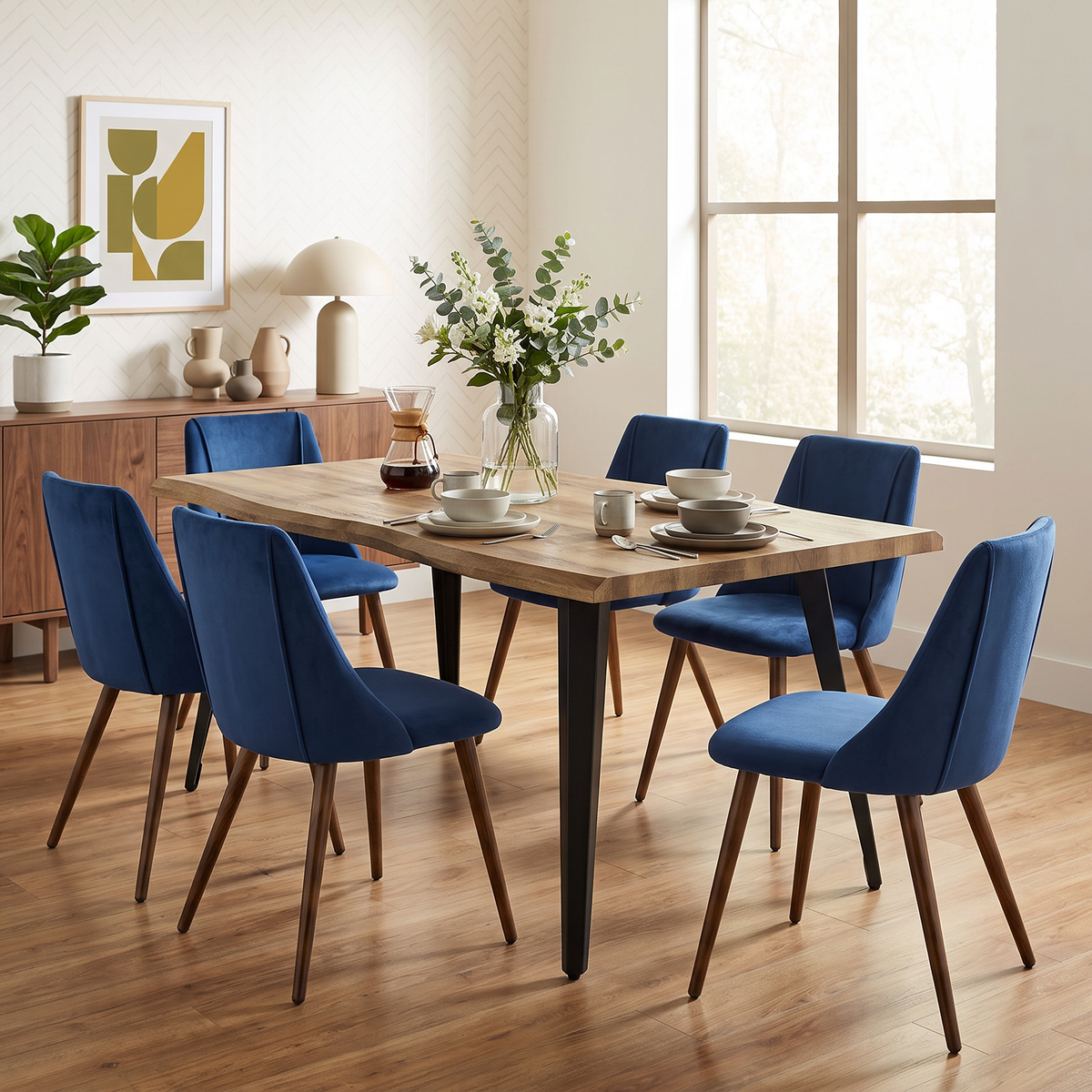 Homy Casa LANCELOT+SMEG 7PC Dining Set 63” Walnut Dining Table with 6 Dark Blue Upholstered Chairs Open Box