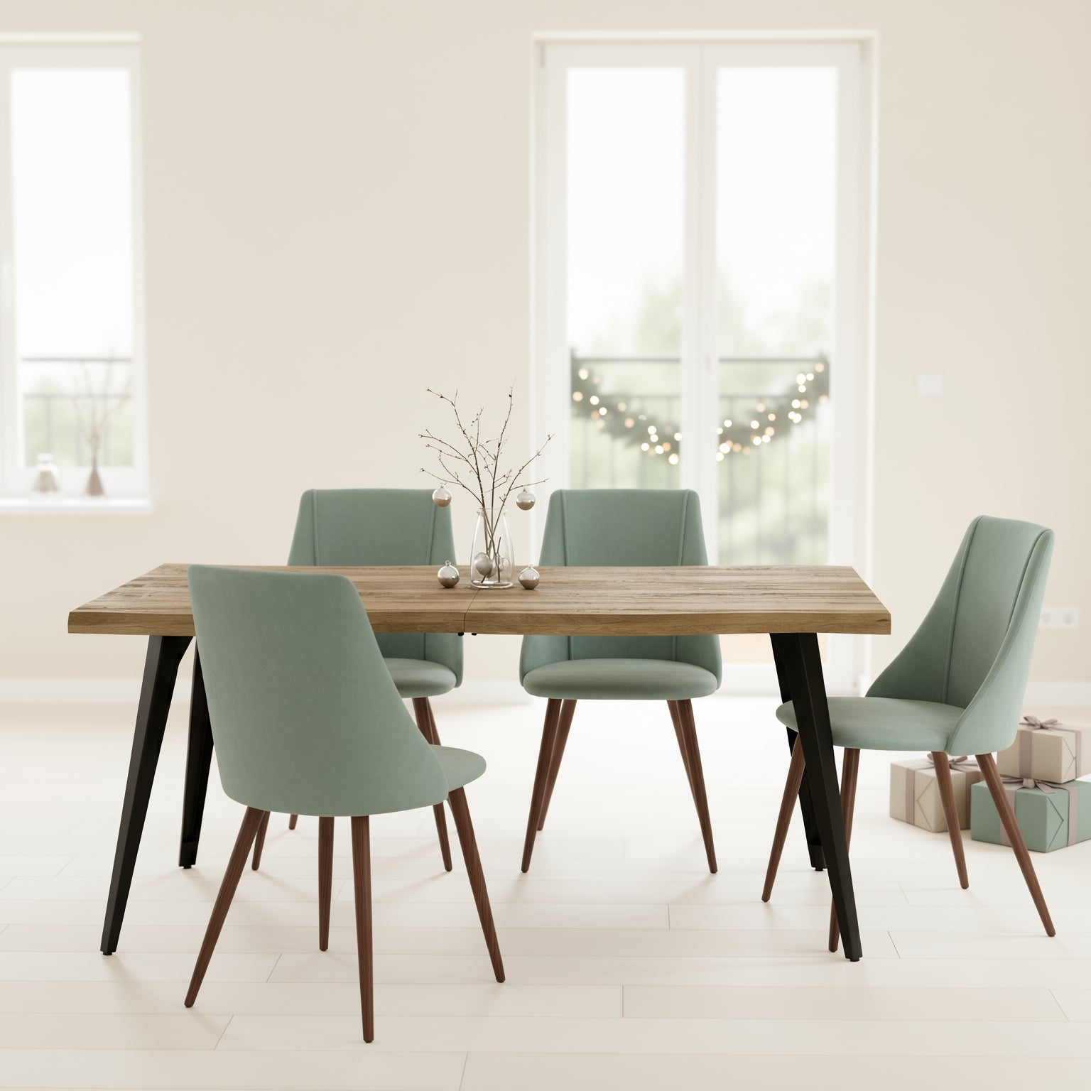Homy Casa Lancelot 5PC Dining Set 63” Walnut Table with 4 Smeg Upholstered Chairs,Light Green