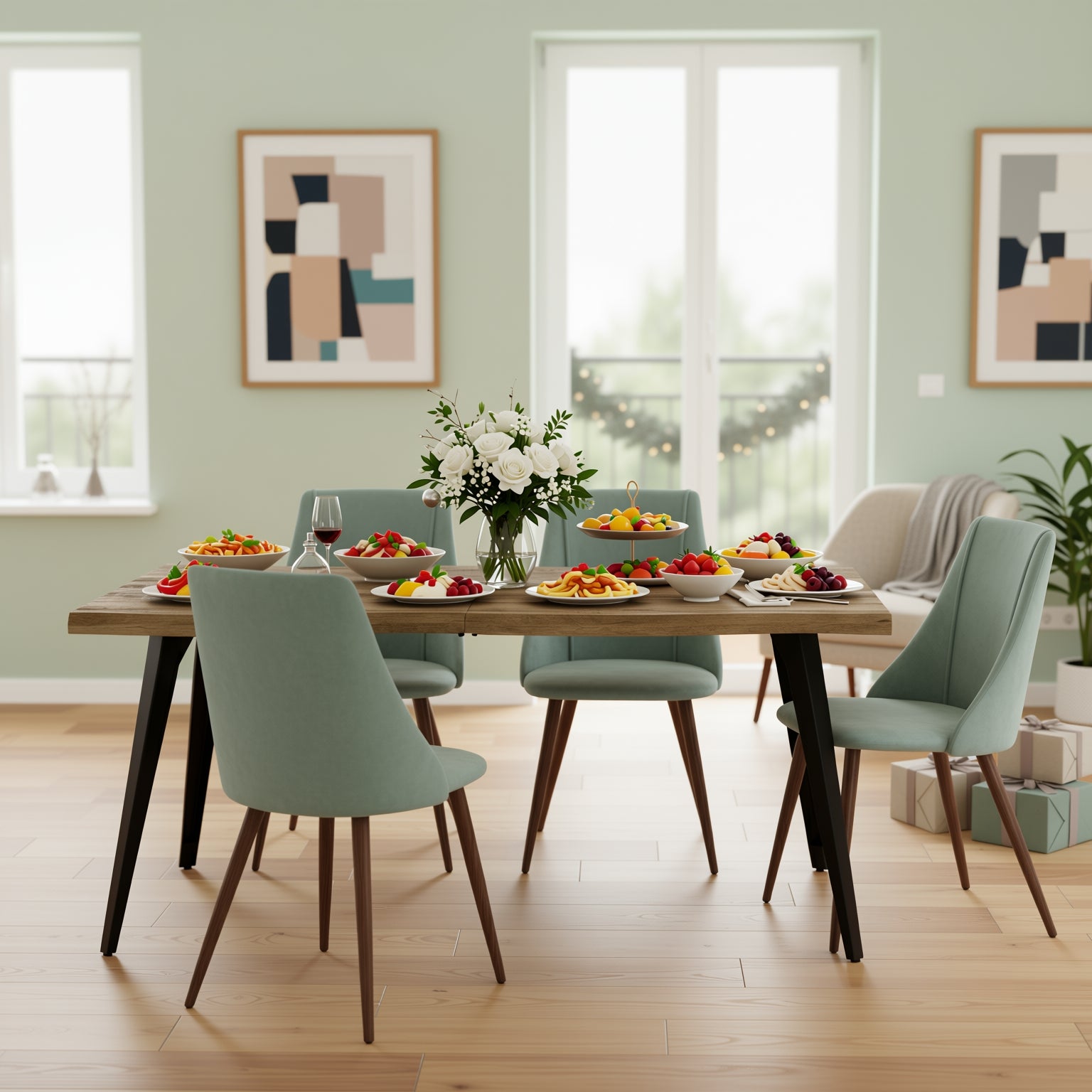 Homy Casa Lancelot 5PC Dining Set 63” Walnut Table with 4 Smeg Upholstered Chairs,Light Green