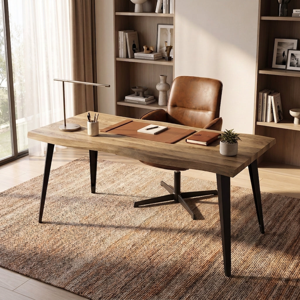 Homy Casa LANCELOT+THOMASINA 2PC Home Office Set 63” Desk with Adjustable Swivel Armchair in Natural Brown and Black Open Box