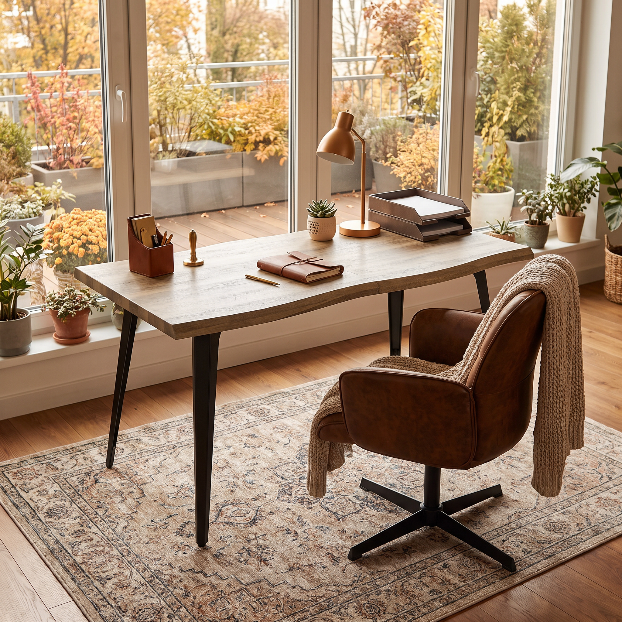 Homy Casa LANCELOT+THOMASINA 2PC Home Office Set 63” Desk with Adjustable Swivel Armchair in Natural Brown and Black Open Box