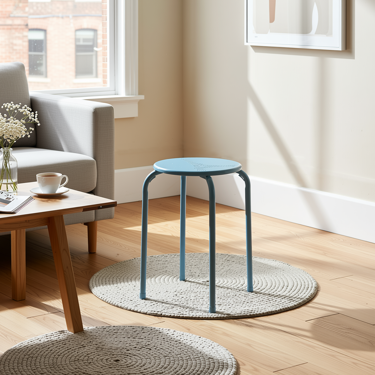 Homy Casa Lemon 4PC Metal Stackable Stools Morandi Blue Folding Eiffel Tower Perforated Seat