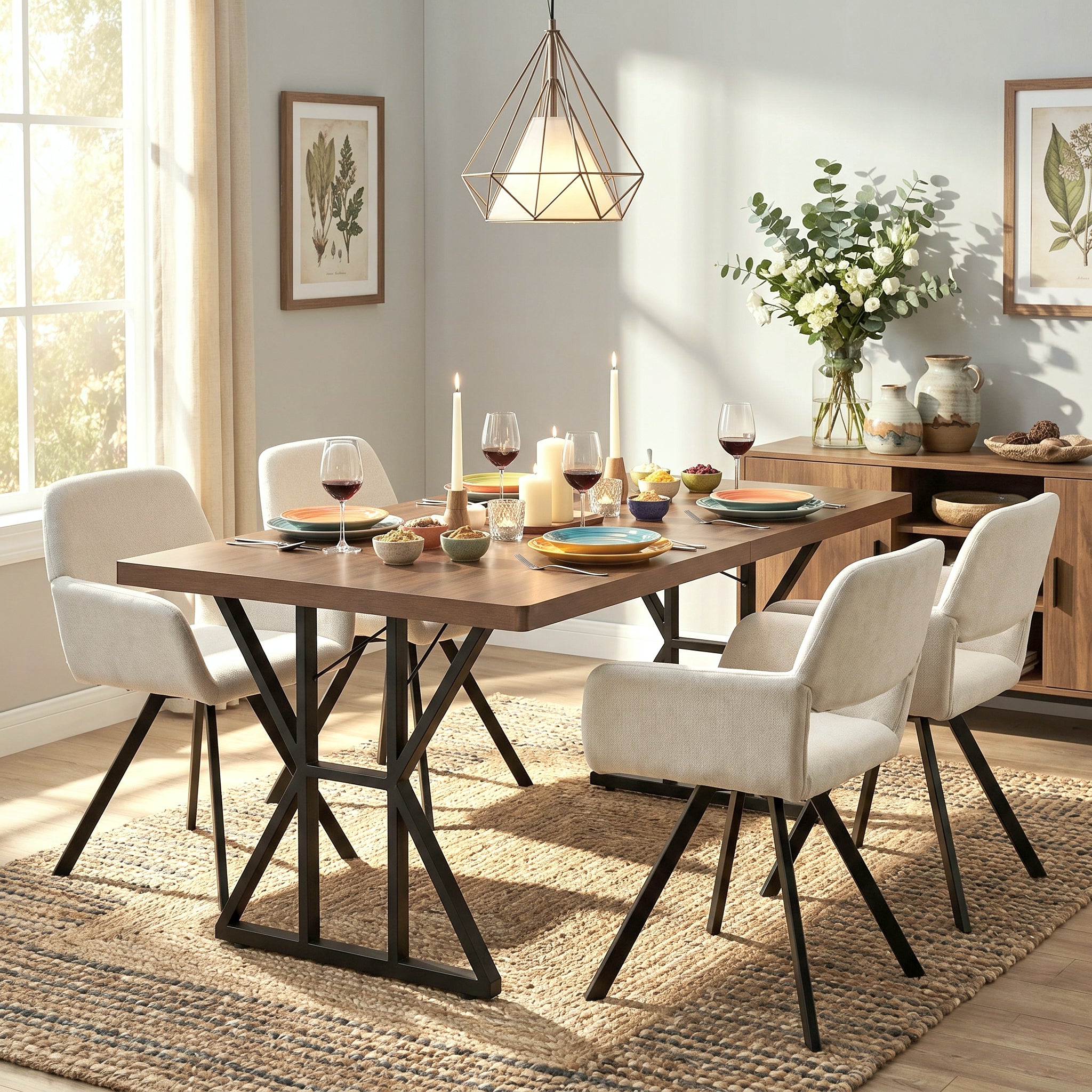 Homy Casa Leonard+California 5PC Dining Set 63" Rectangular Table with Beige Swivel Upholstered Chairs, Black Legs