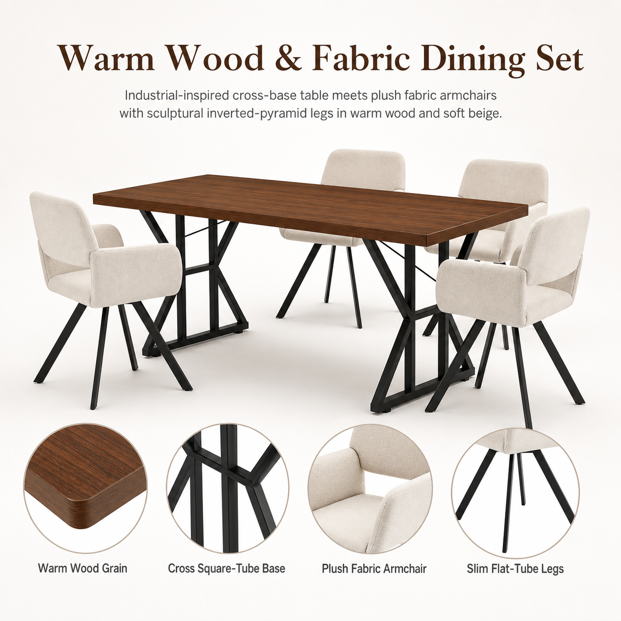 Homy Casa Leonard+California 5PC Dining Set 63" Rectangular Table with Beige Swivel Upholstered Chairs, Black Legs