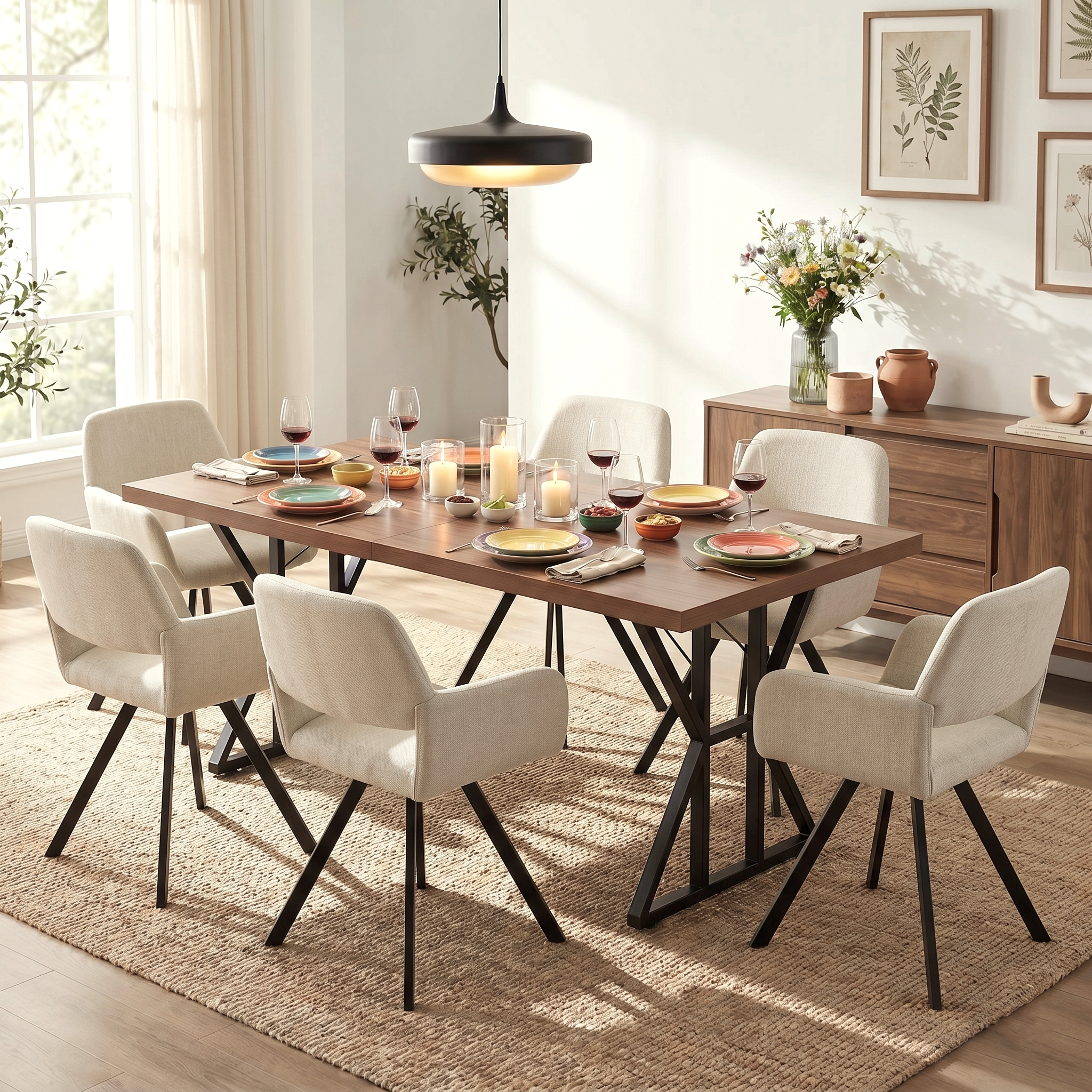 Homy Casa Leonard+California 7PC Dining Set 63" Rectangular Table with Beige Swivel Upholstered Chairs, Black Legs