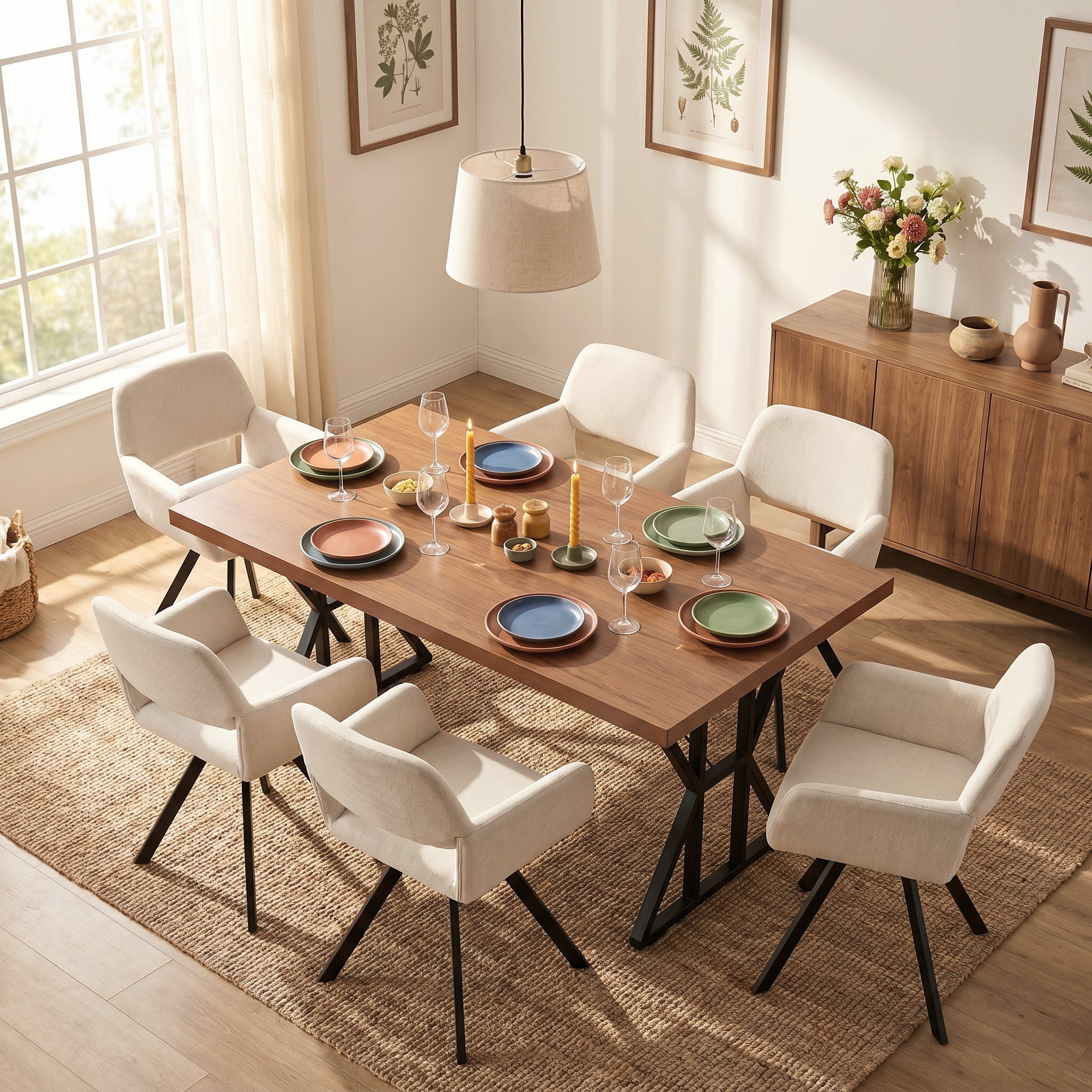 Homy Casa Leonard+California 7PC Dining Set 63" Rectangular Table with Beige Swivel Upholstered Chairs, Black Legs