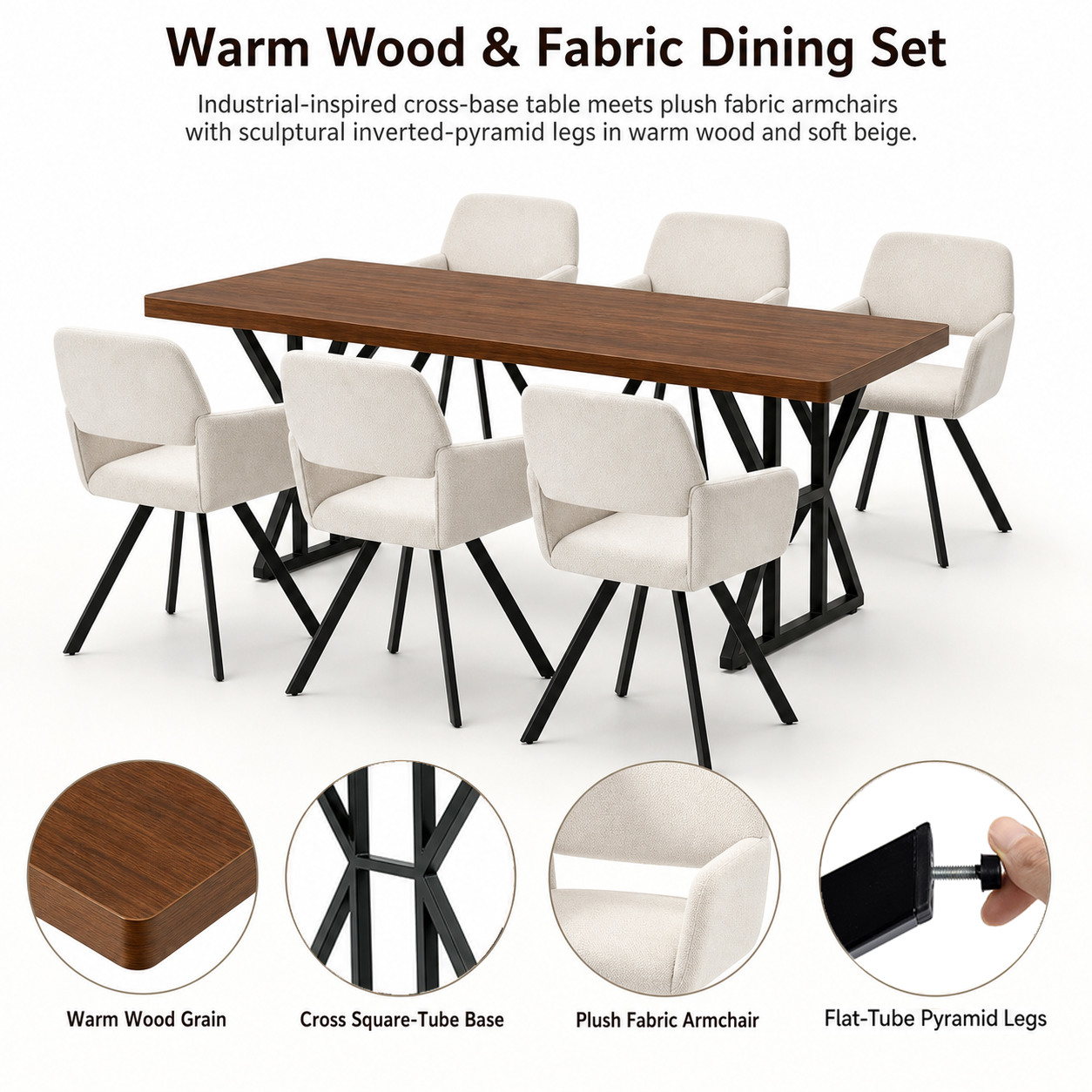 Homy Casa Leonard+California 7PC Dining Set 63" Rectangular Table with Beige Swivel Upholstered Chairs, Black Legs