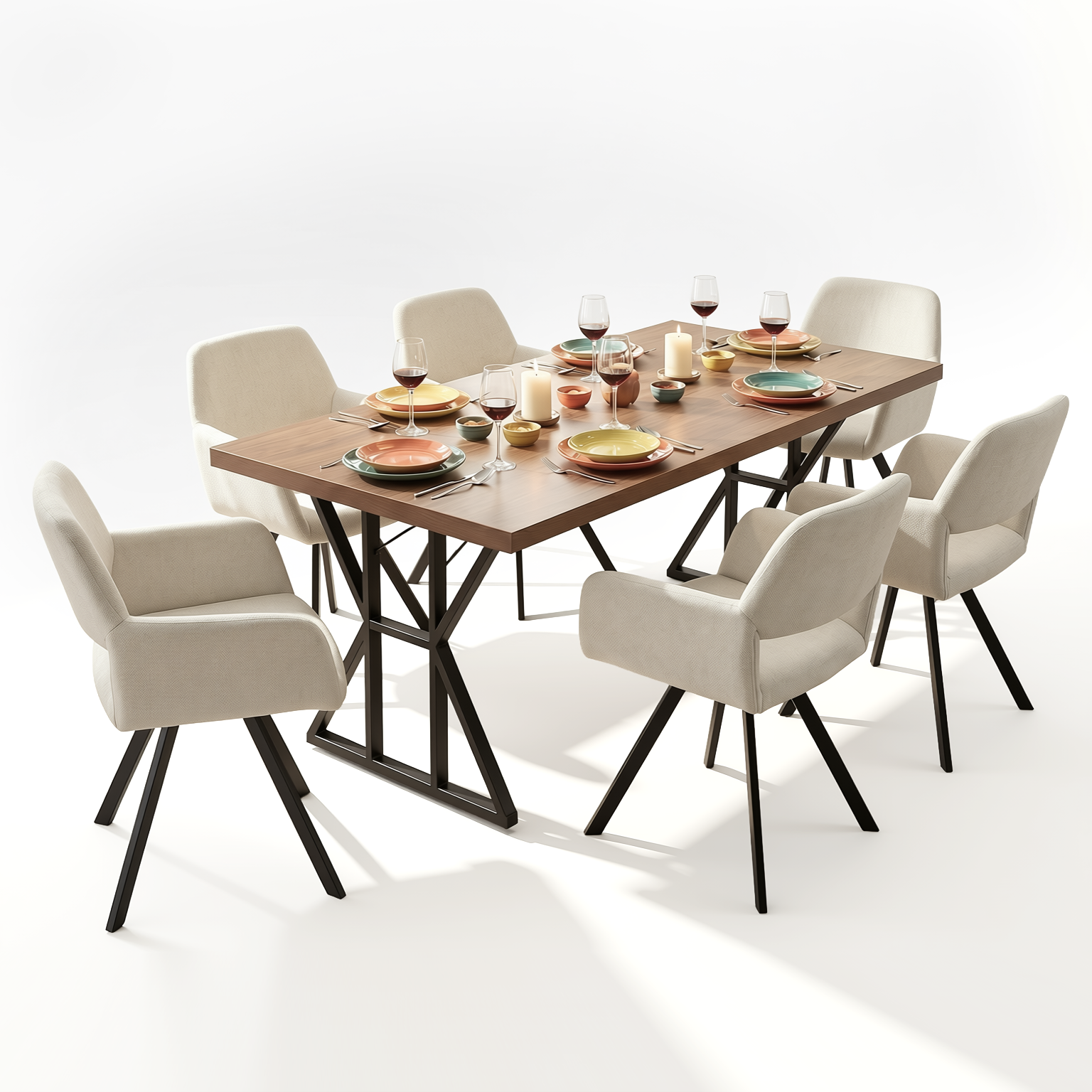 Homy Casa Leonard+California 7PC Dining Set 63" Rectangular Table with Beige Swivel Upholstered Chairs, Black Legs