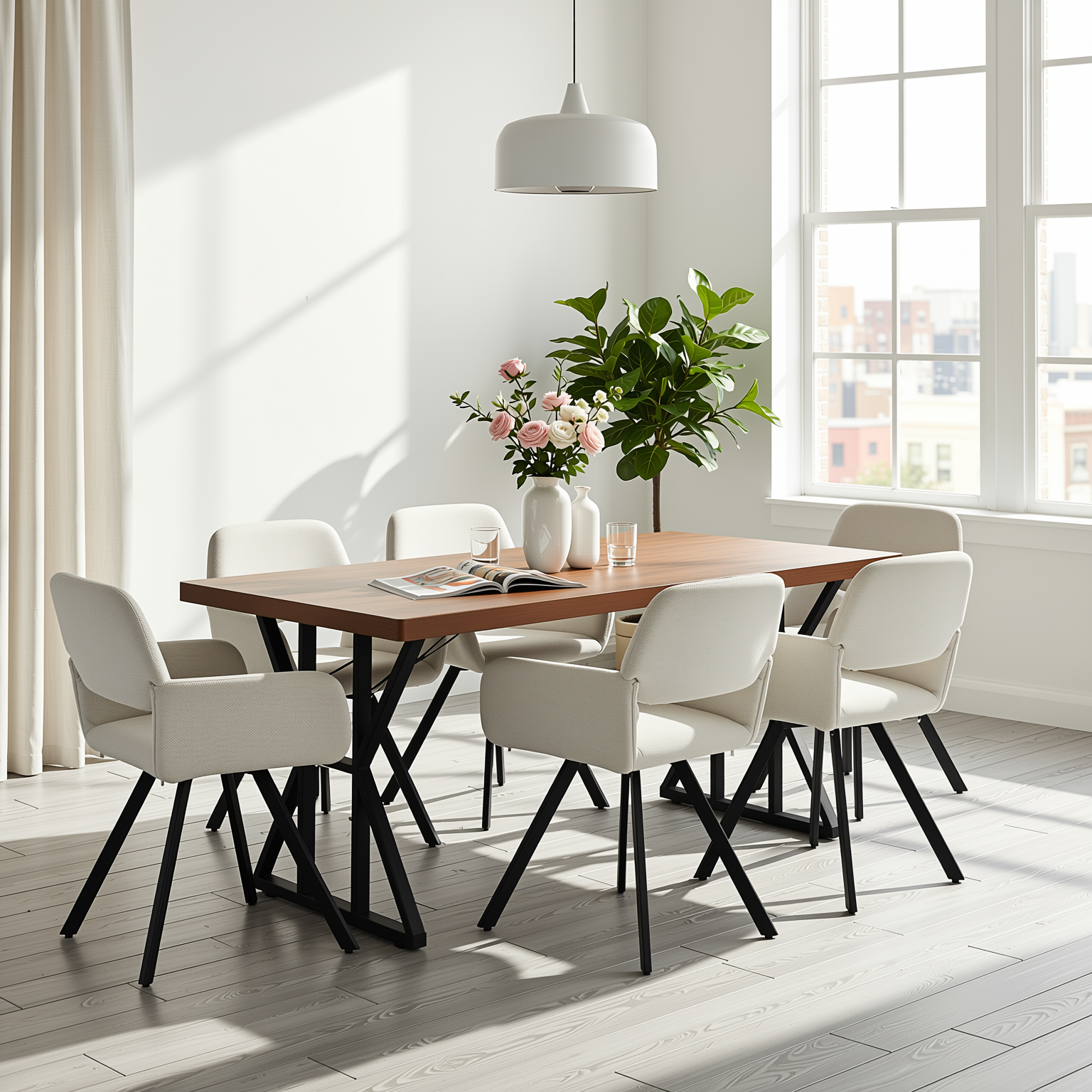 Homy Casa LEONARD+CALIFORNIA 7PC Dining Set 63" Table with 6 Beige Swivel Upholstered Chairs, Black Legs