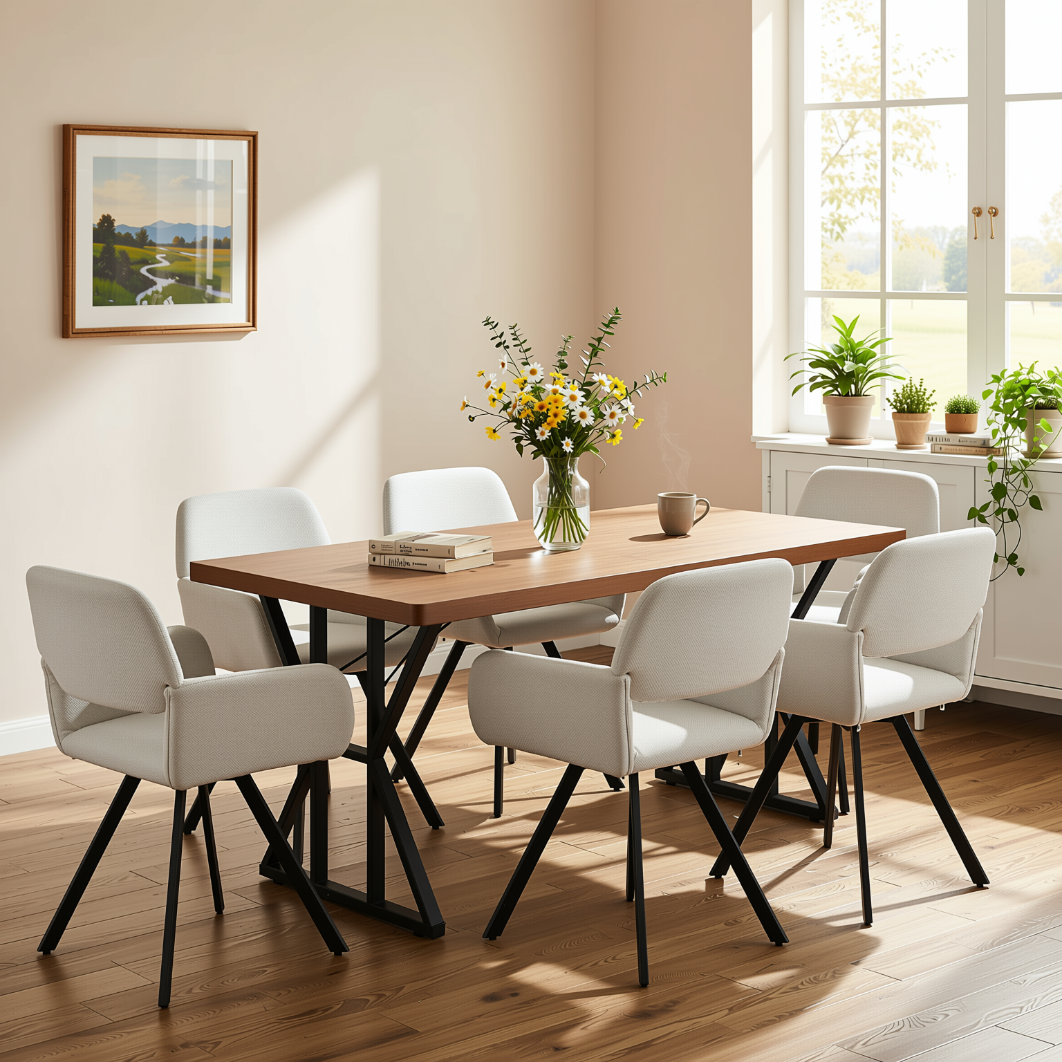 Homy Casa Leonard+California 7PC Dining Set 63" Rectangular Table with Beige Swivel Upholstered Chairs, Black Legs