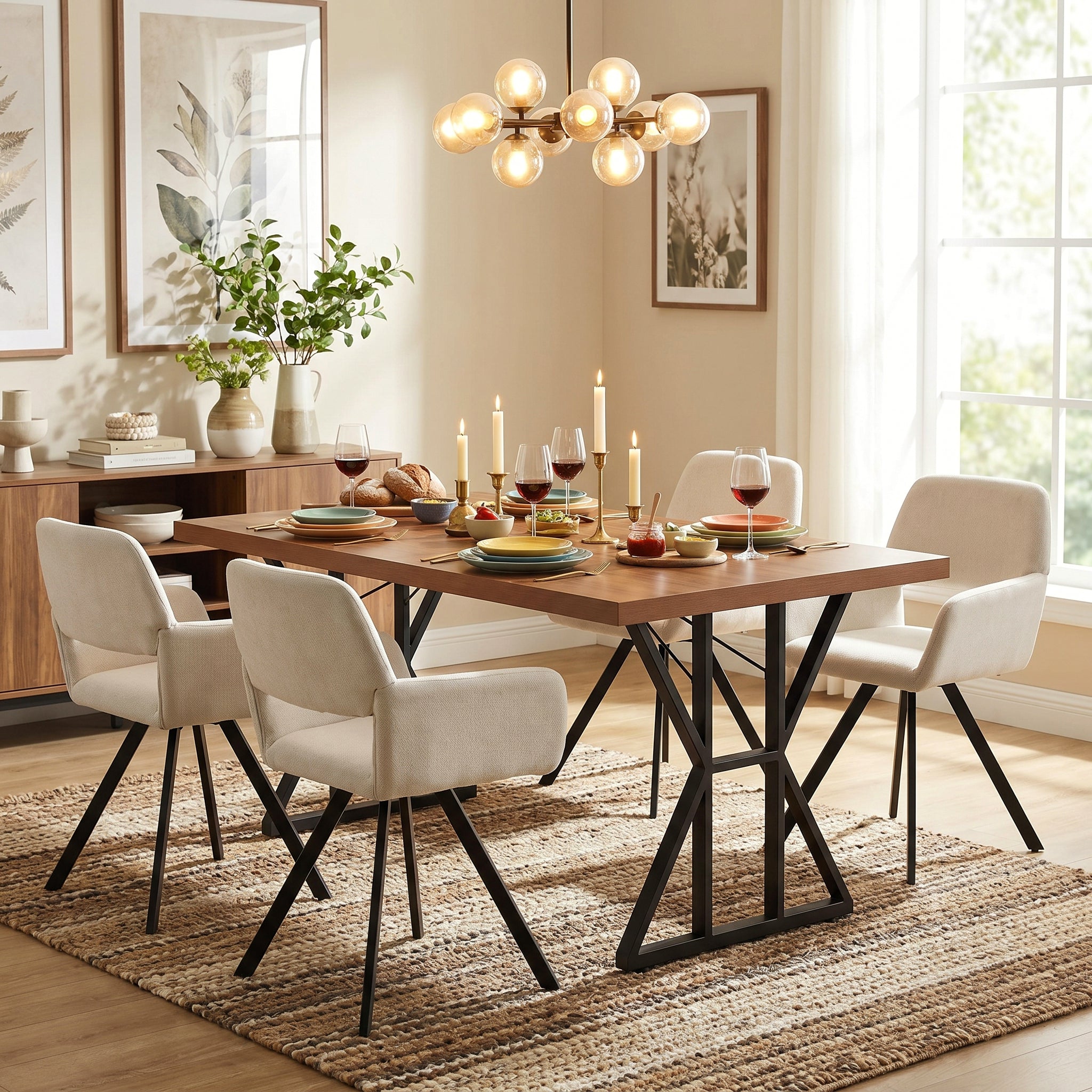Homy Casa LEONARD+CALIFORNIA 5PC Dining Set 63" Table with 4 Beige Swivel Chairs