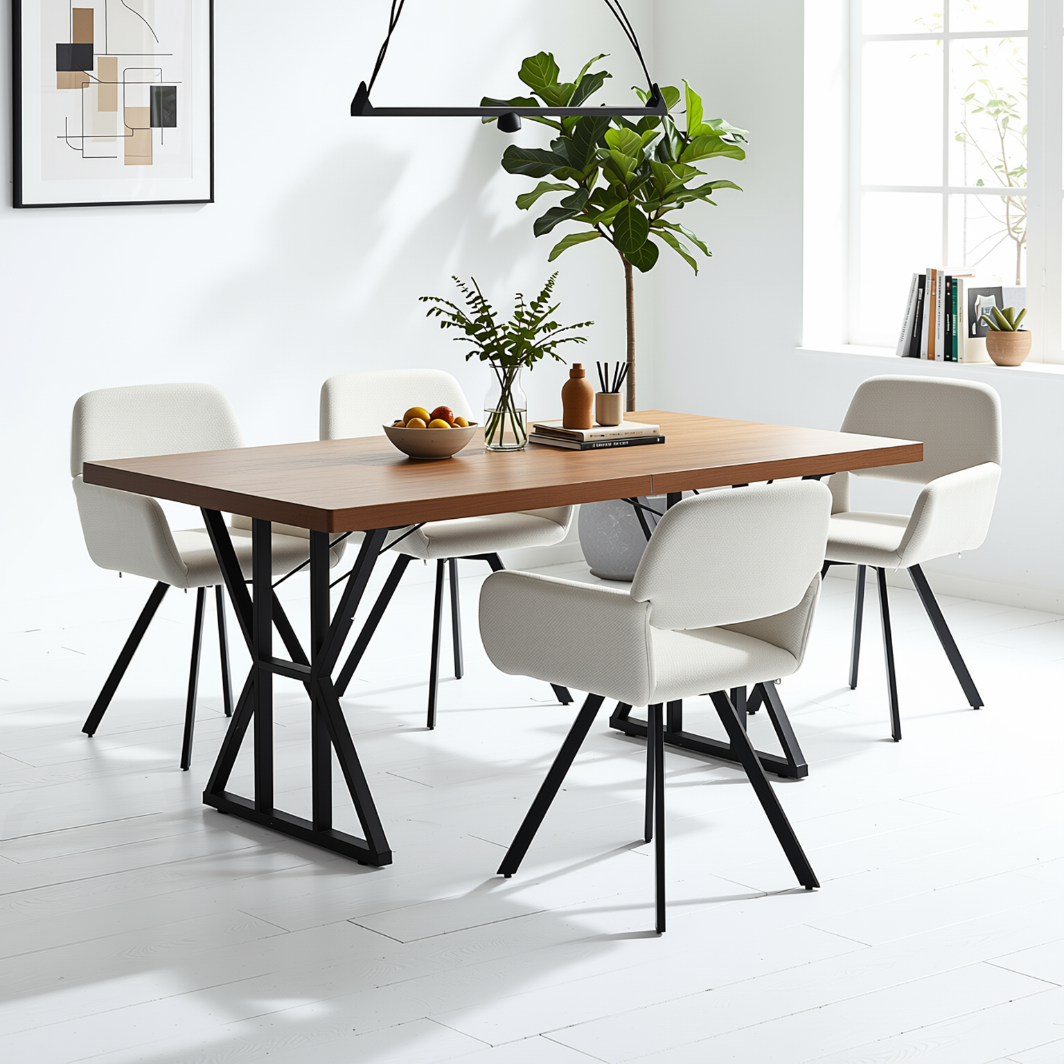 Homy Casa Leonard+California 5PC Dining Set 63" Rectangular Table with Beige Swivel Upholstered Chairs, Black Legs