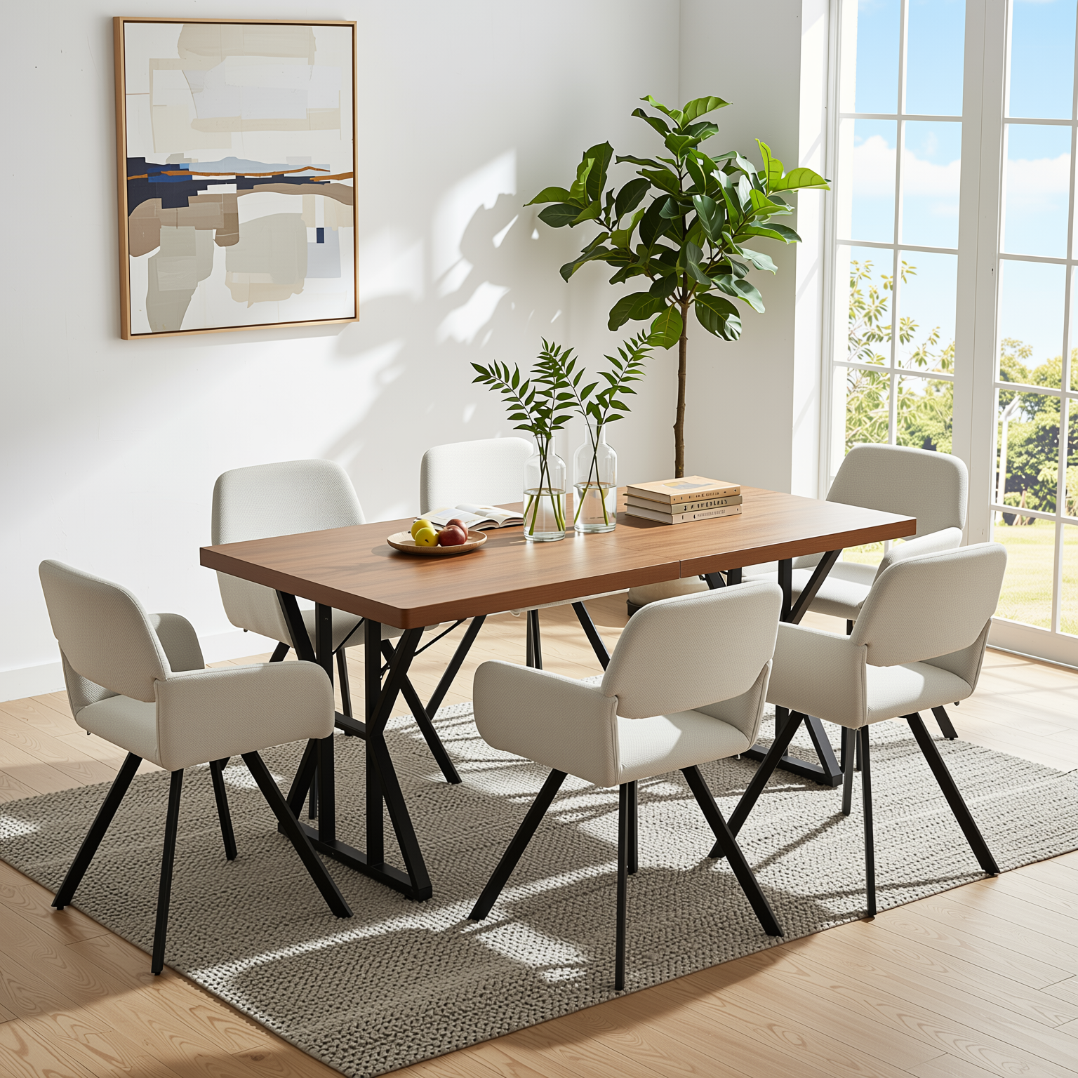 Homy Casa Leonard+California 7PC Dining Set 63" Rectangular Table with Beige Swivel Upholstered Chairs, Black Legs