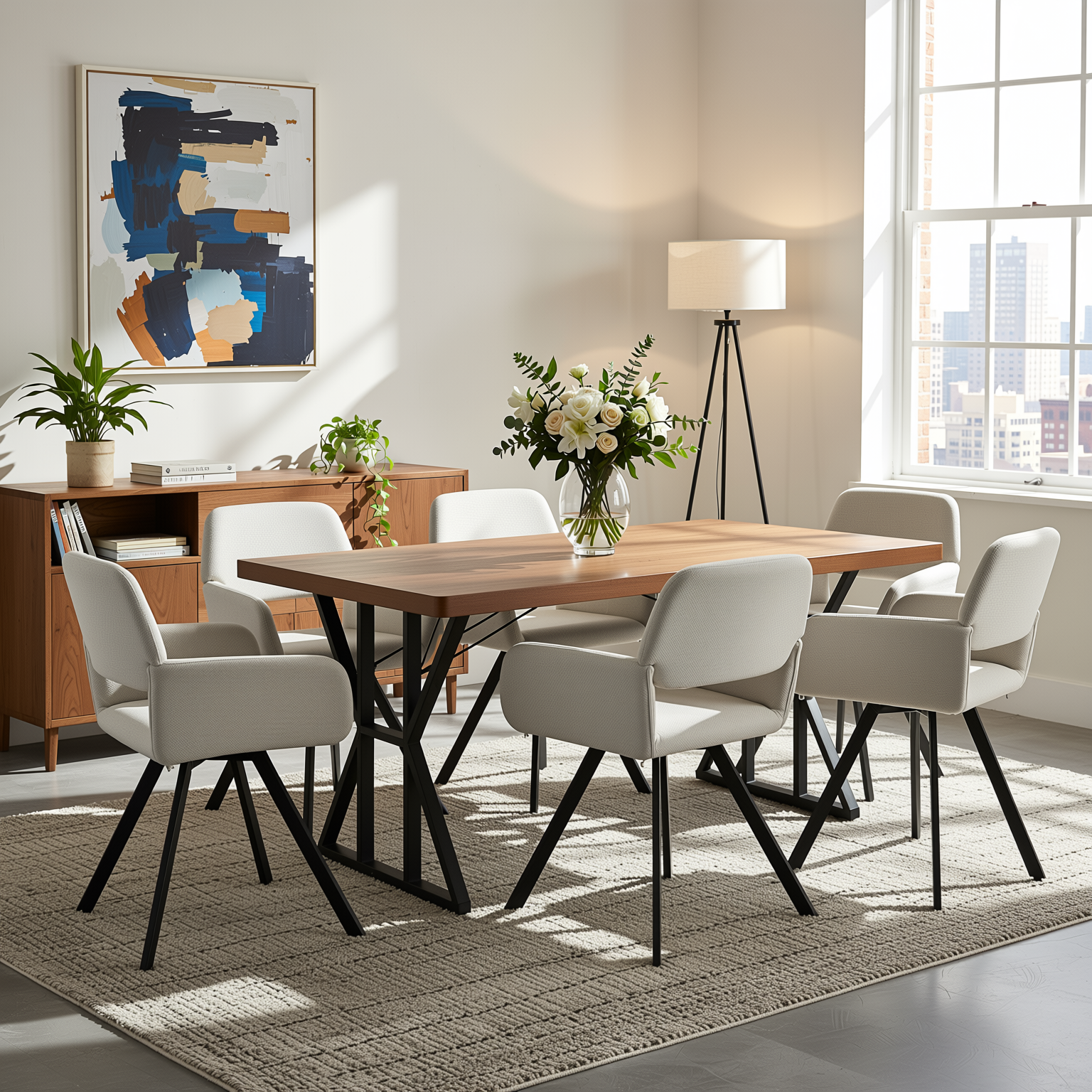 Homy Casa Leonard+California 7PC Dining Set 63" Rectangular Table with Beige Swivel Upholstered Chairs, Black Legs