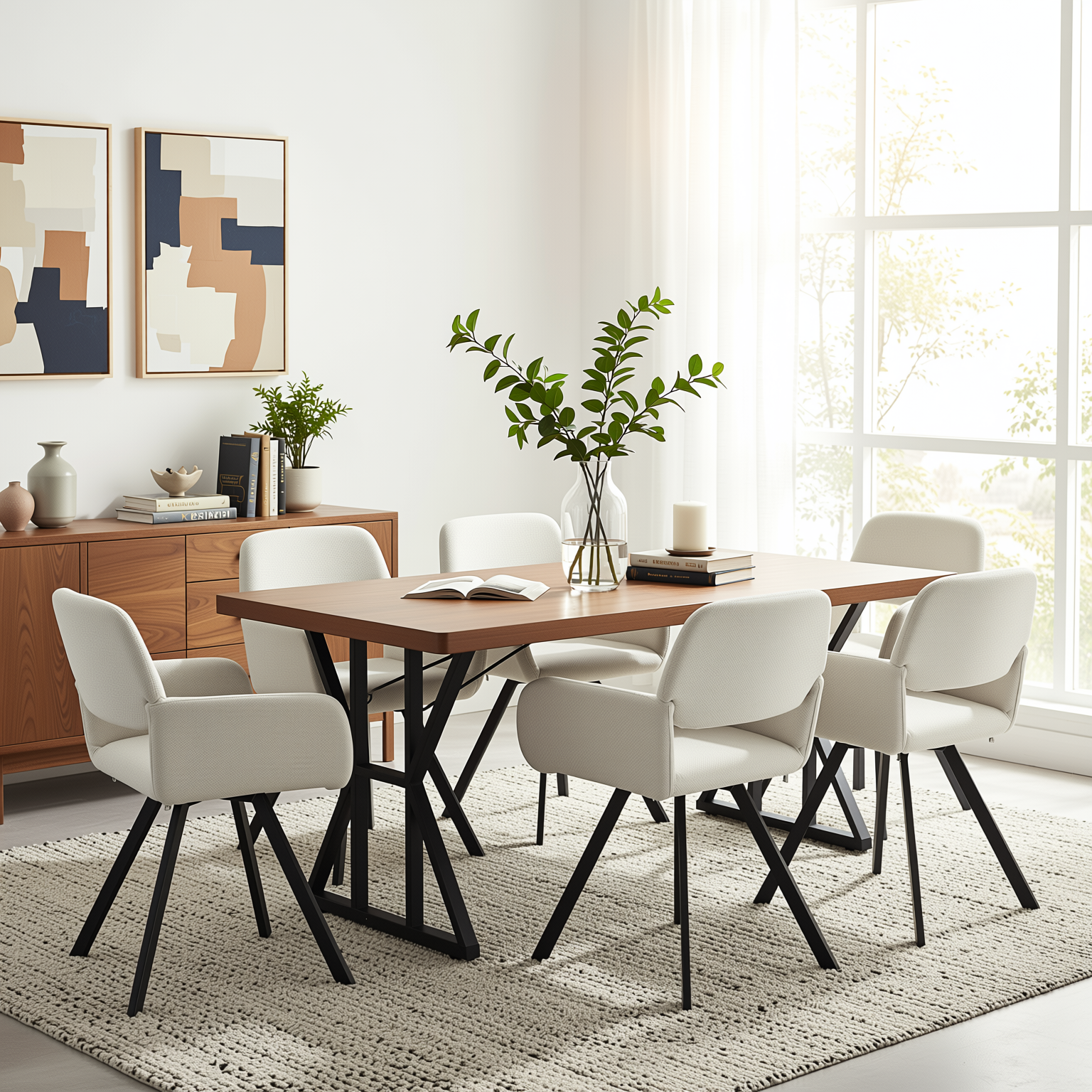 Homy Casa Leonard+California 7PC Dining Set 63" Rectangular Table with Beige Swivel Upholstered Chairs, Black Legs