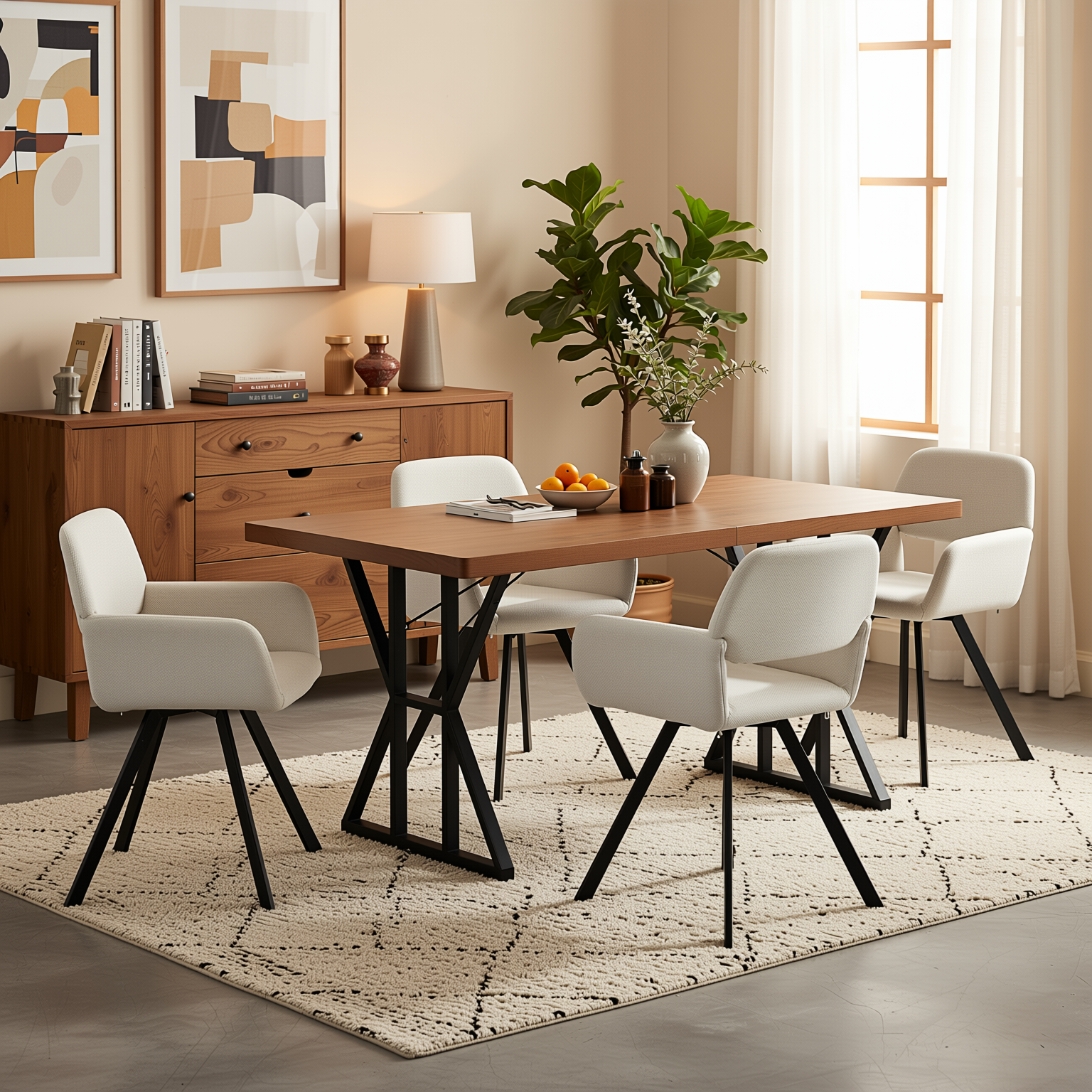 Homy Casa Leonard+California 5PC Dining Set 63" Rectangular Table with Beige Swivel Upholstered Chairs, Black Legs