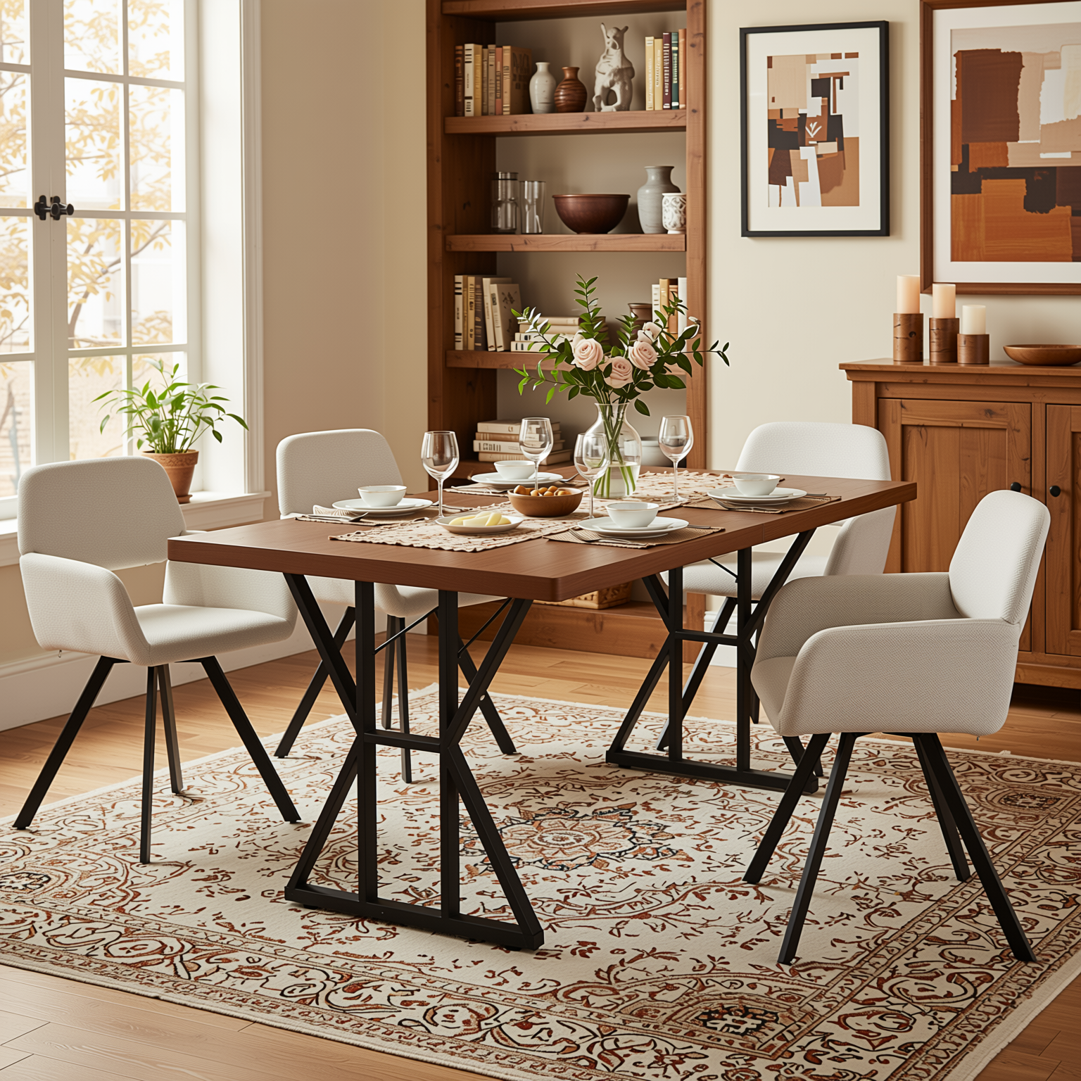 Homy Casa Leonard+California 5PC Dining Set 63" Rectangular Table with Beige Swivel Upholstered Chairs, Black Legs