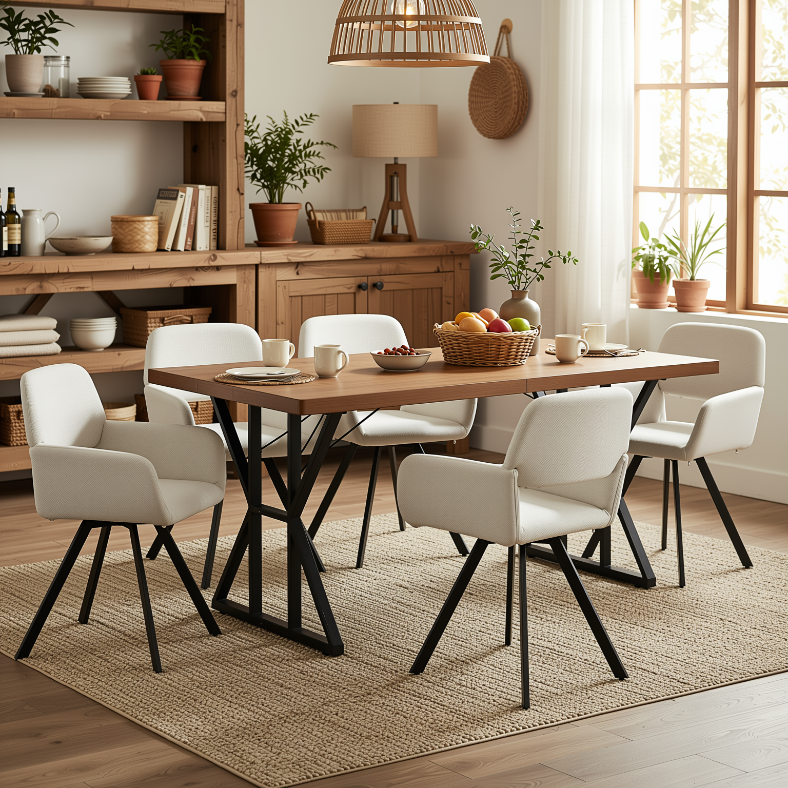 Homy Casa Leonard+California 7PC Dining Set 63" Rectangular Table with Beige Swivel Upholstered Chairs, Black Legs