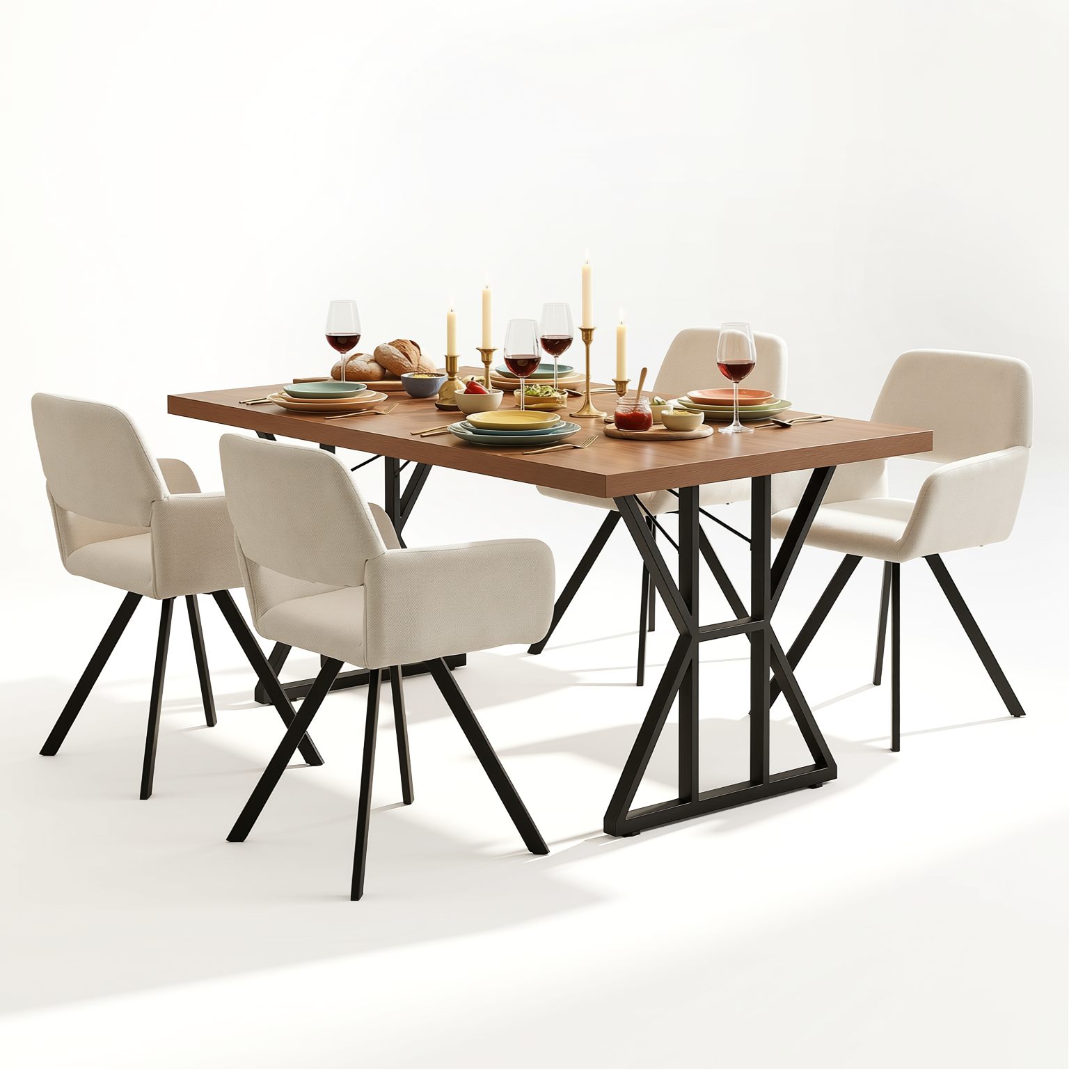 Homy Casa Leonard+California 5PC Dining Set 63" Rectangular Table with Beige Swivel Upholstered Chairs, Black Legs