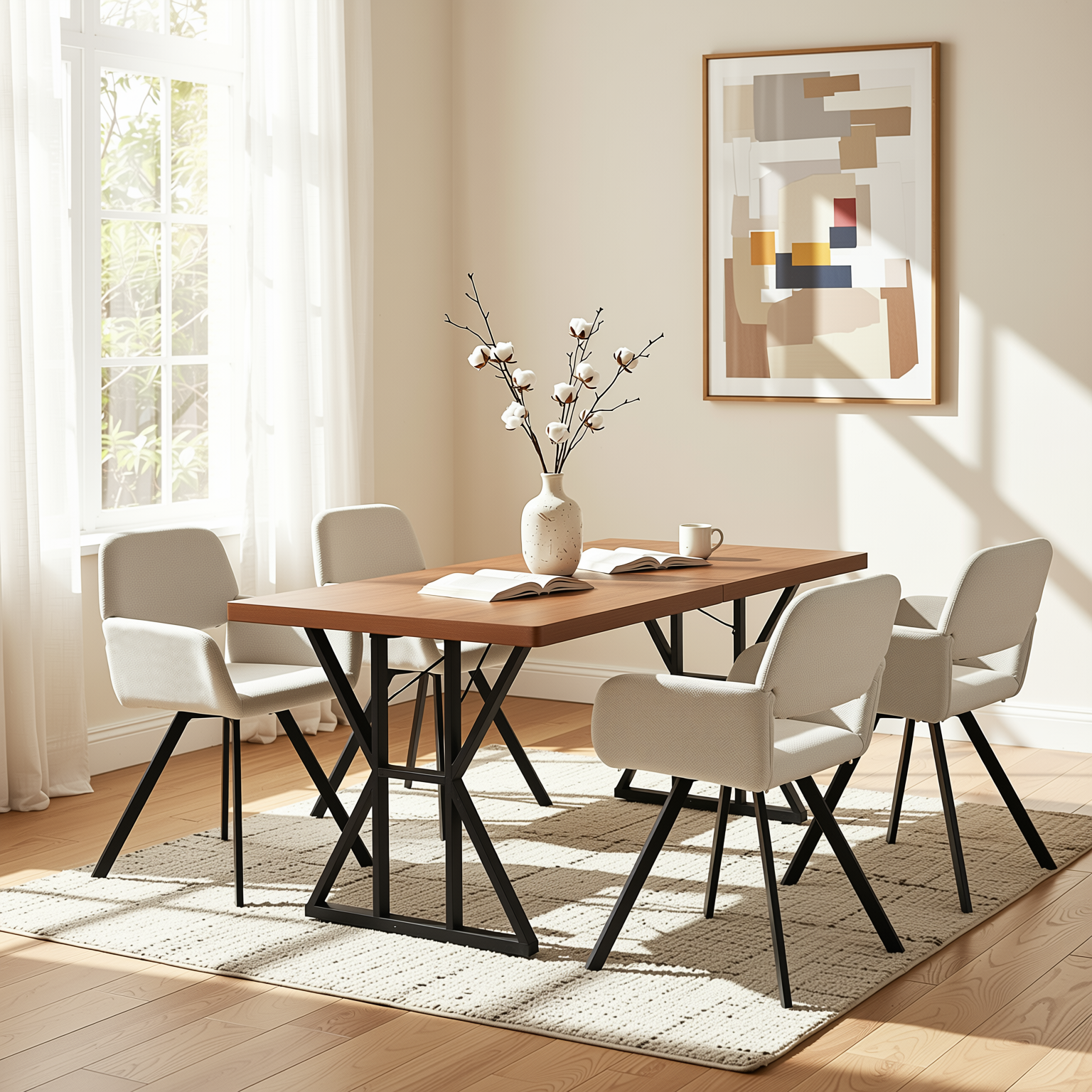 Homy Casa Leonard+California 5PC Dining Set 63" Rectangular Table with Beige Swivel Upholstered Chairs, Black Legs