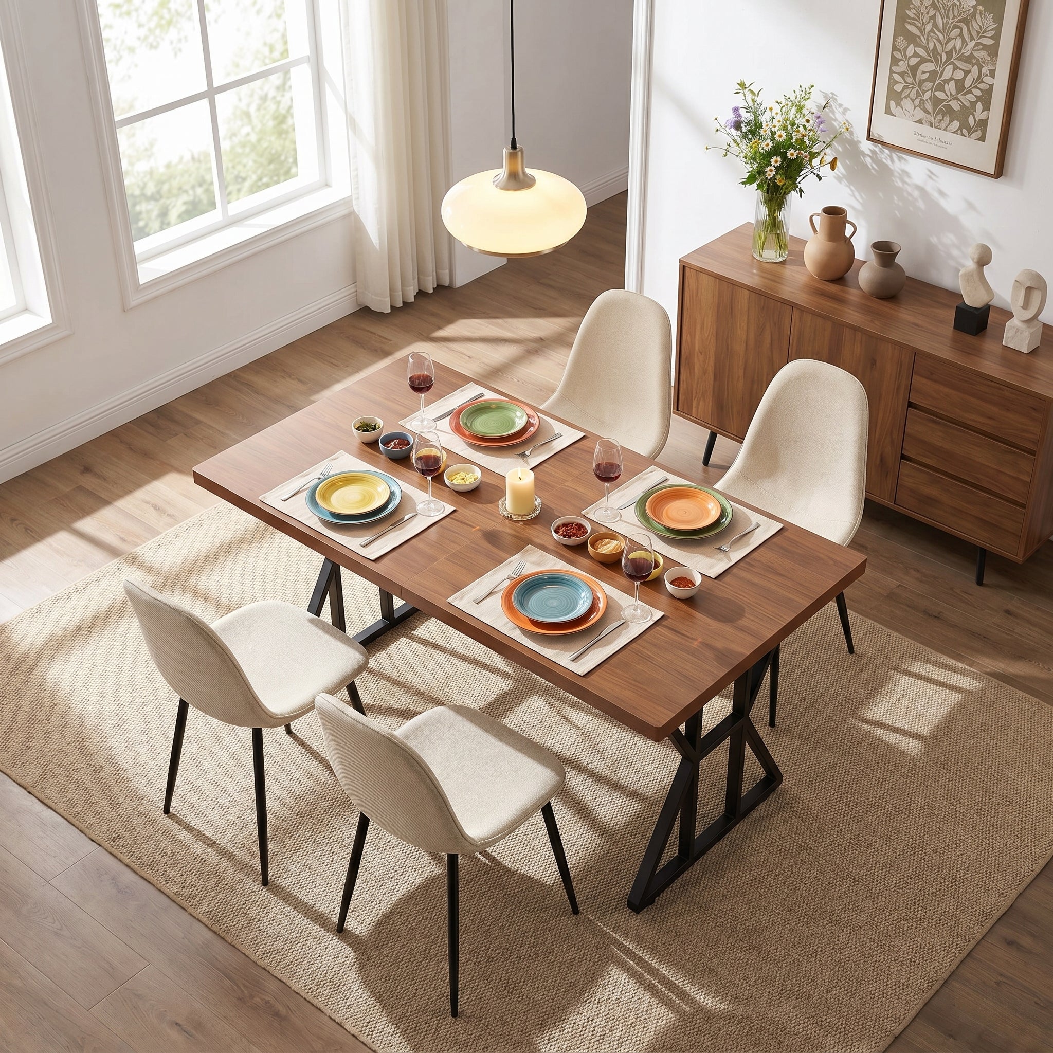 Homy Casa LEONARD+CHARLTON 5PC Dining Set 63" Table with 4 Beige Barrel Fabric Chairs, Black Metal Legs
