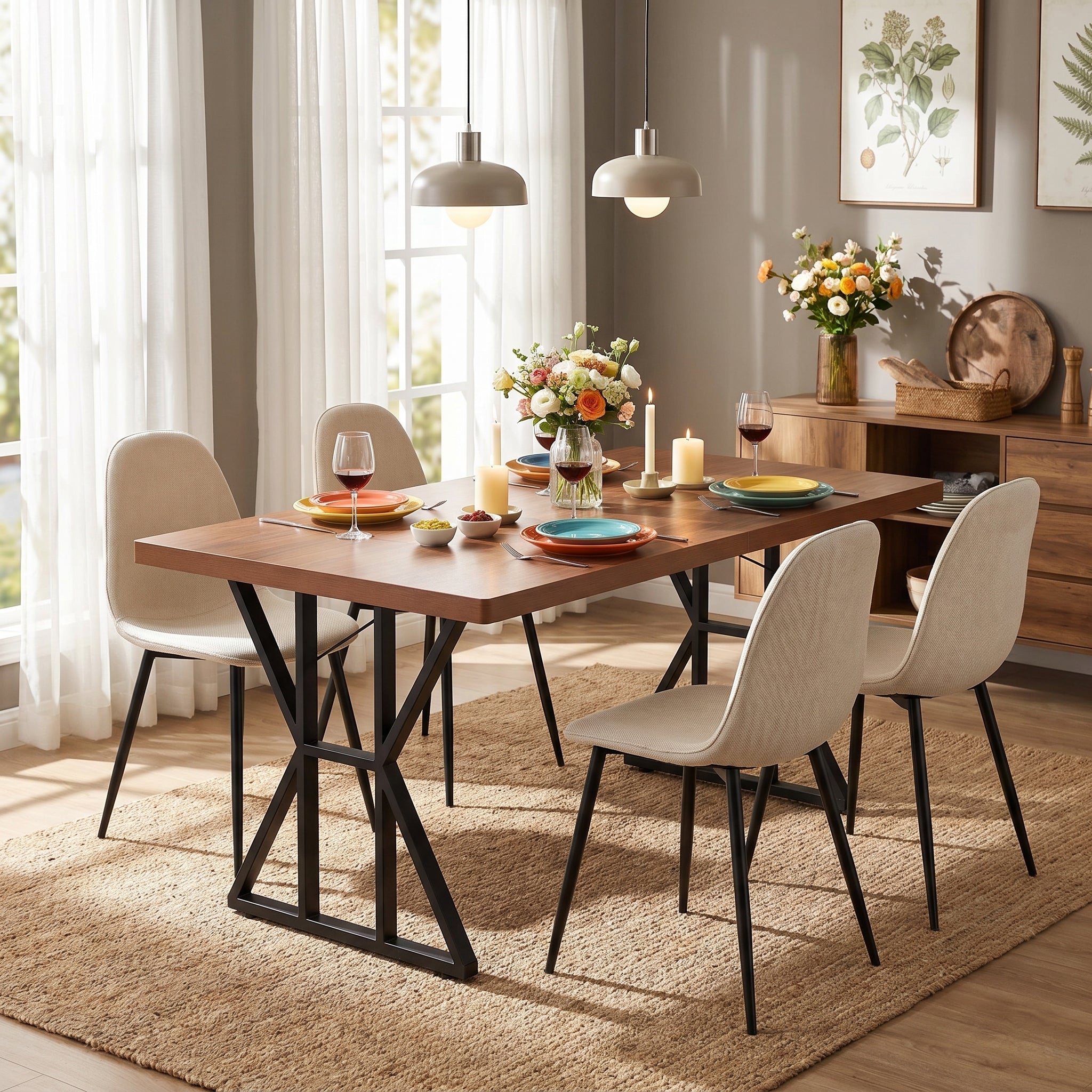 Homy Casa LEONARD+CHARLTON 5PC Dining Set 63" Table with 4 Beige Barrel Fabric Chairs, Black Metal Legs