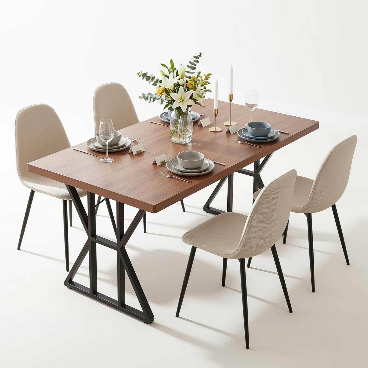 Homy Casa LEONARD+CHARLTON 5PC Dining Set 63" Table with 4 Beige Barrel Fabric Chairs, Black Metal Legs