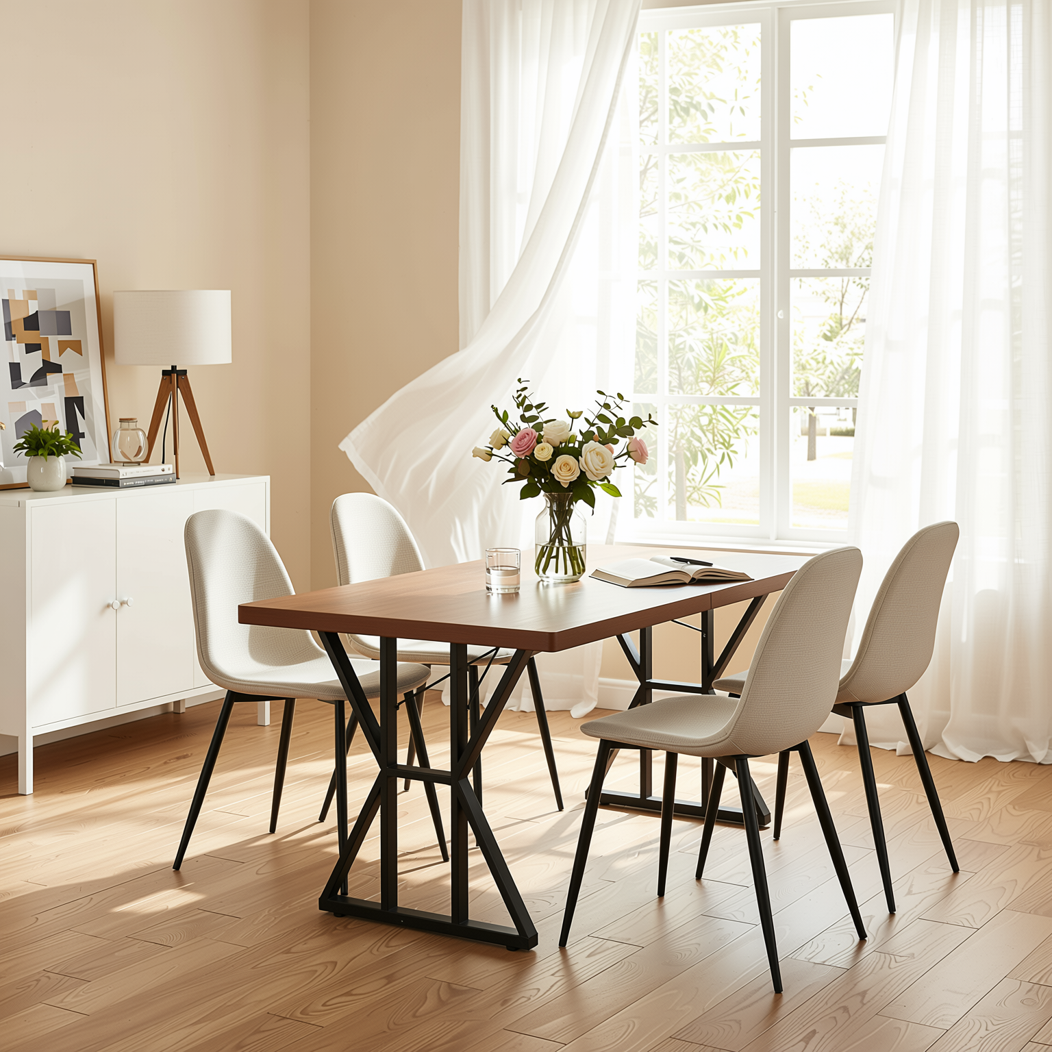 Homy Casa LEONARD+CHARLTON 5PC Dining Set 63" Table with 4 Beige Barrel Fabric Chairs, Black Metal Legs