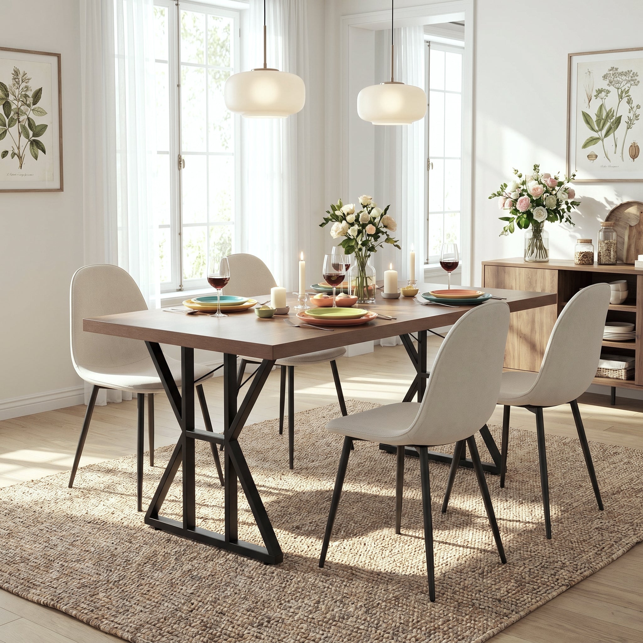 Homy Casa LEONARD+CHARLTON 5PC Dining Set 63" Table with 4 Khaki Fabric Chairs in Black Metal