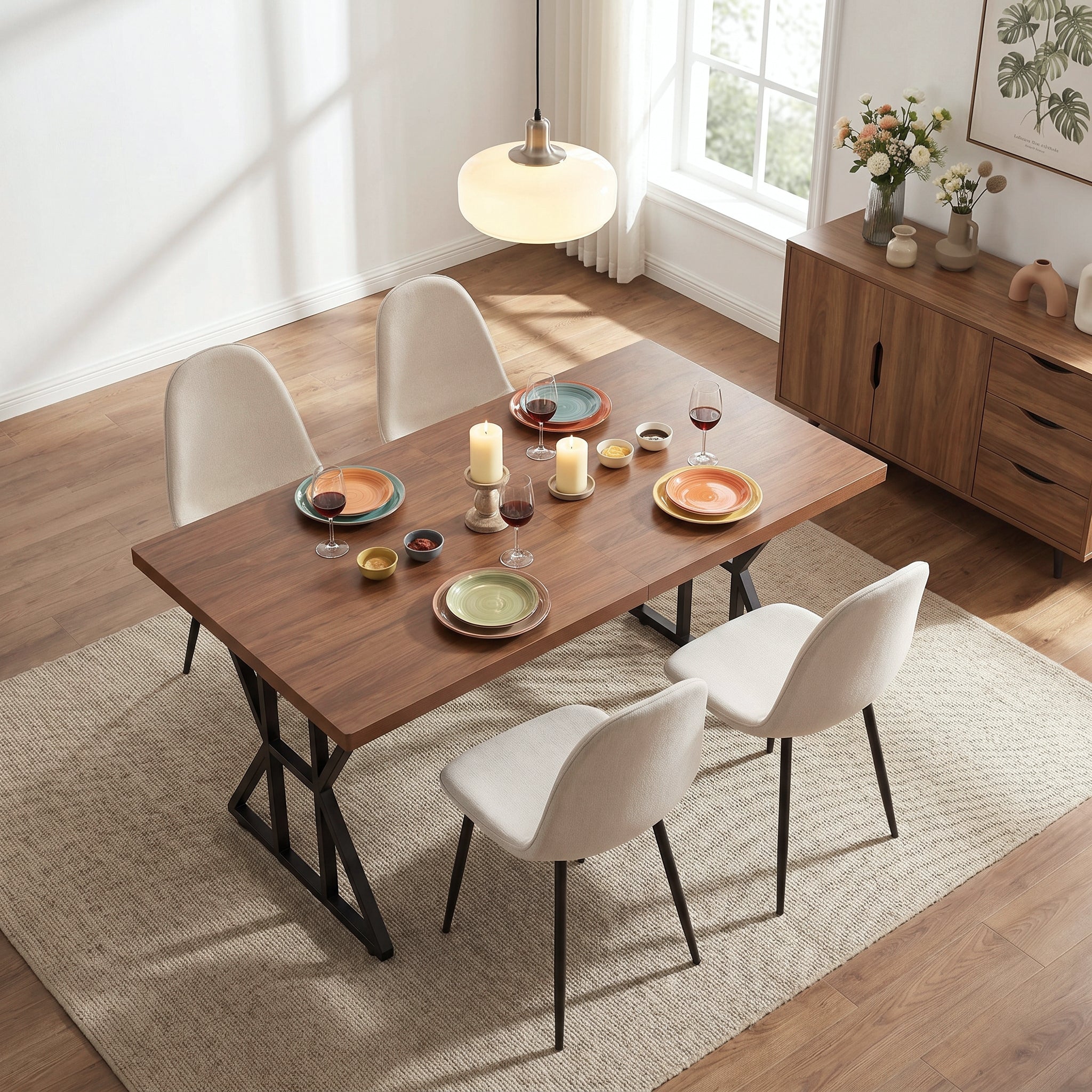 Homy Casa LEONARD+CHARLTON 5PC Dining Set 63" Table with 4 Khaki Fabric Chairs in Black Metal
