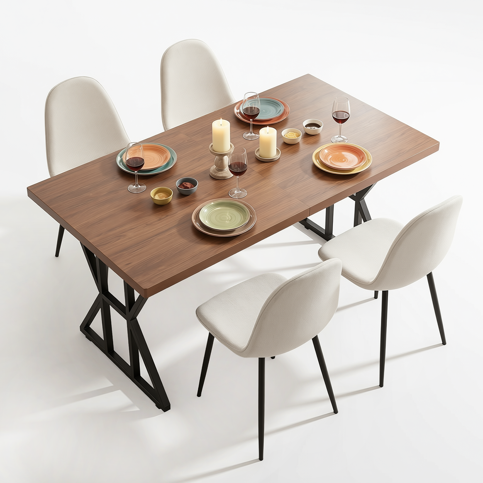 Homy Casa LEONARD+CHARLTON 5PC Dining Set 63" Table with 4 Khaki Fabric Chairs in Black Metal