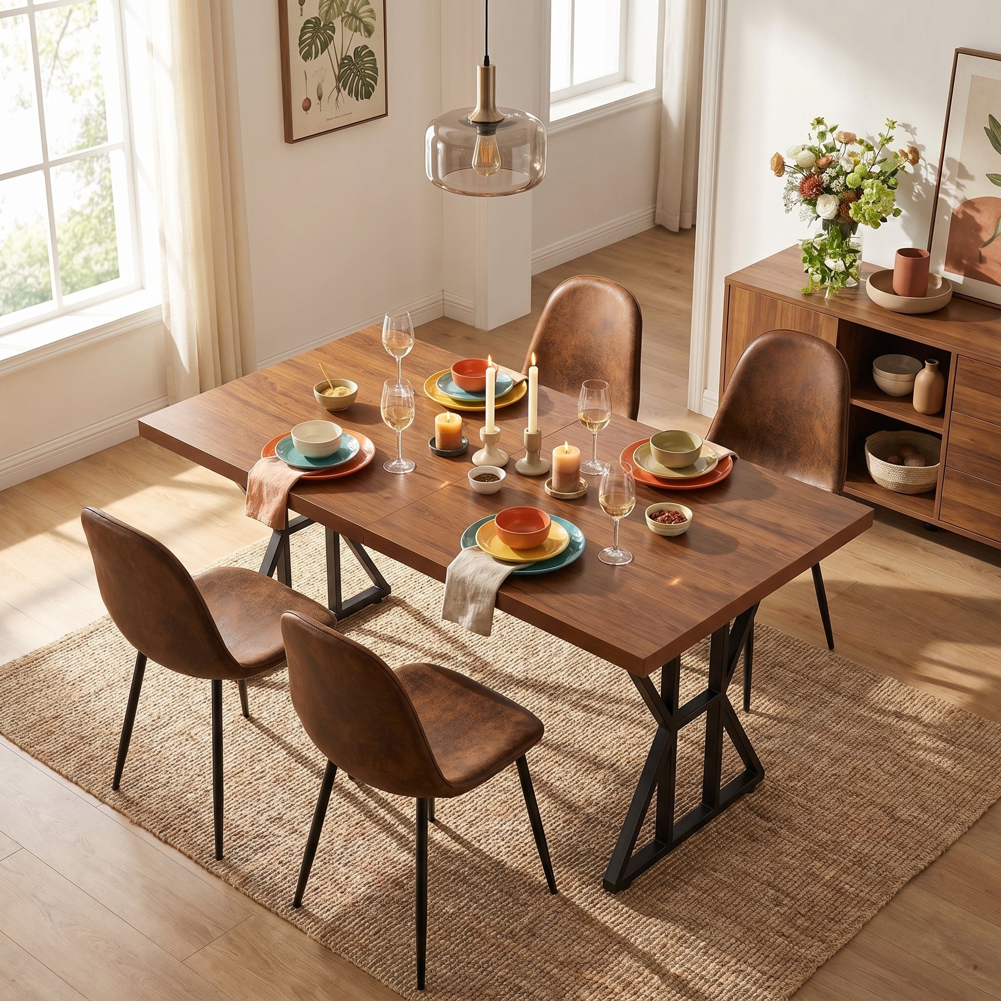 Homy Casa Leonard+Charlton 5PC Dining Set 63" Rectangular Table with Suede Brown Upholstered Chairs in Dark Brown
