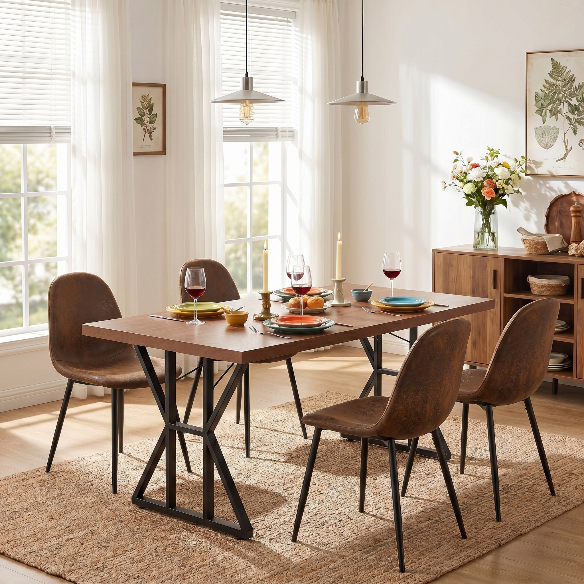 Homy Casa Leonard+Charlton 5PC Dining Set 63" Rectangular Table with Suede Brown Upholstered Chairs in Dark Brown