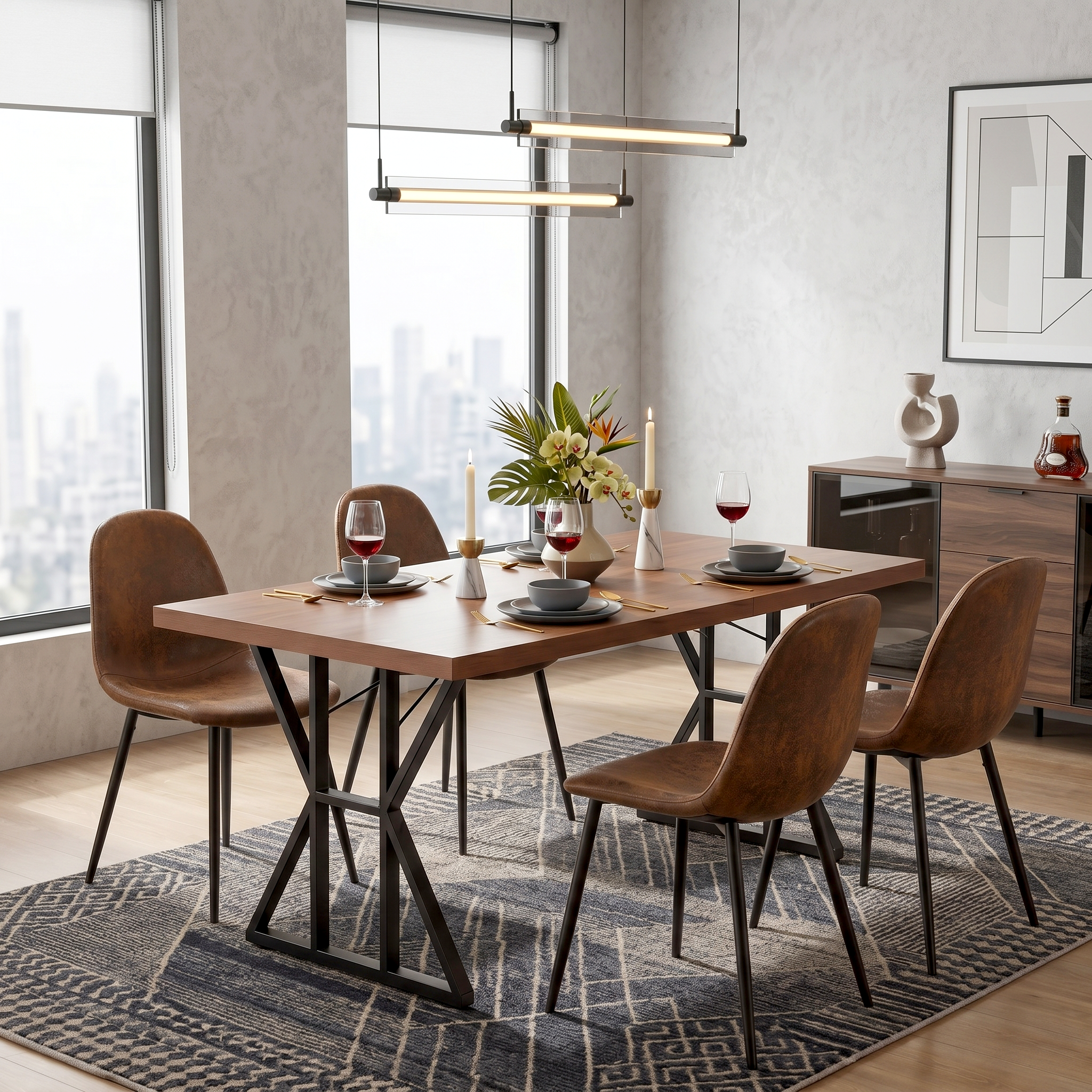 Homy Casa LEONARD+CHARLTON 5PC Dining Set 63” Brown Table with 4 Faux Suede Upholstered Chairs