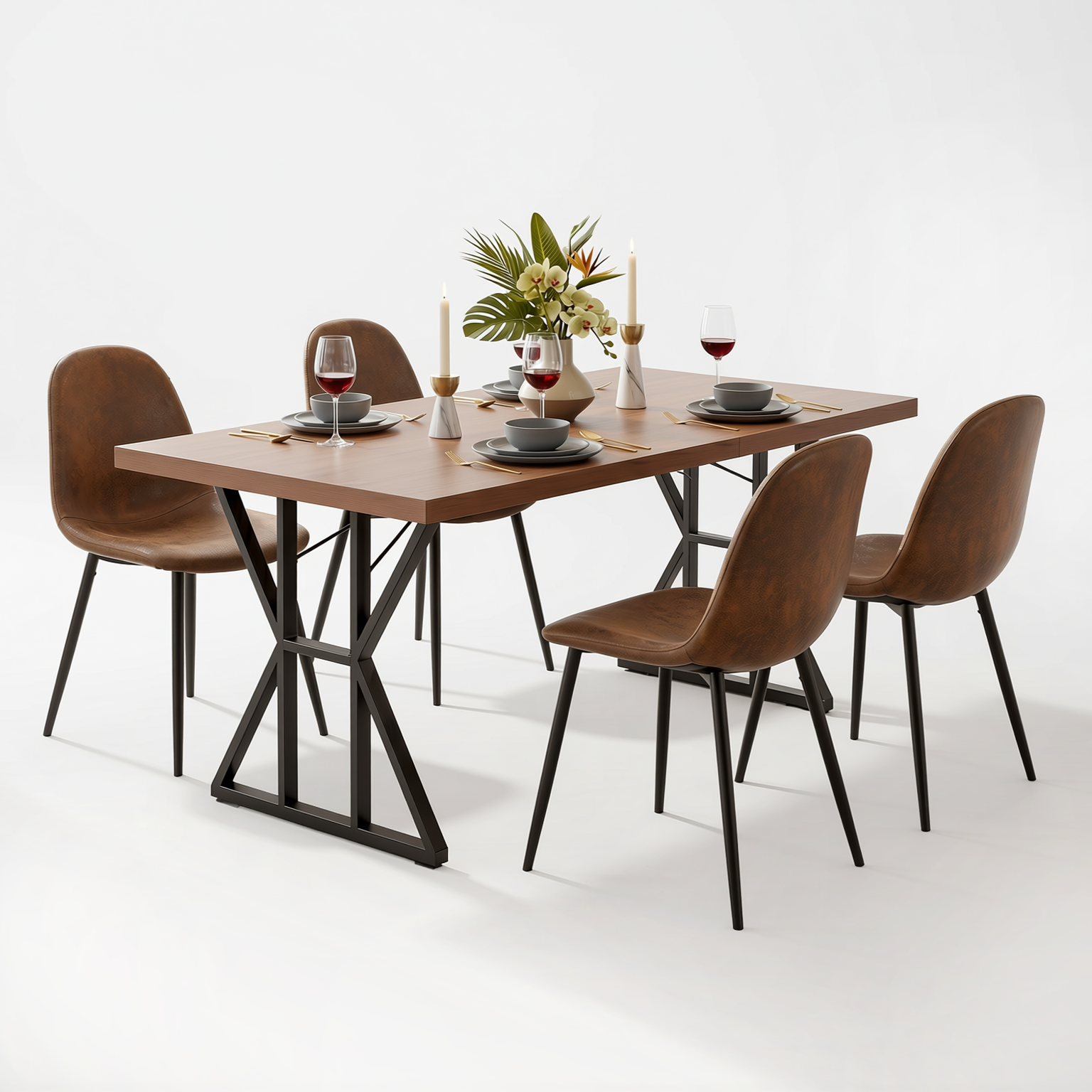 Homy Casa Leonard+Charlton 5PC Dining Set 63" Rectangular Table with Suede Brown Upholstered Chairs in Dark Brown