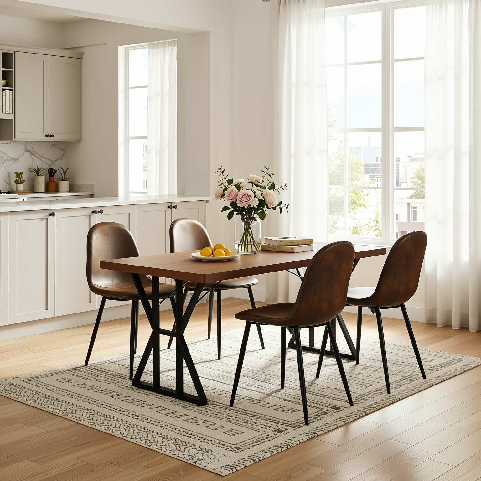 Homy Casa Leonard+Charlton 5PC Dining Set 63" Rectangular Table with Suede Brown Upholstered Chairs in Dark Brown
