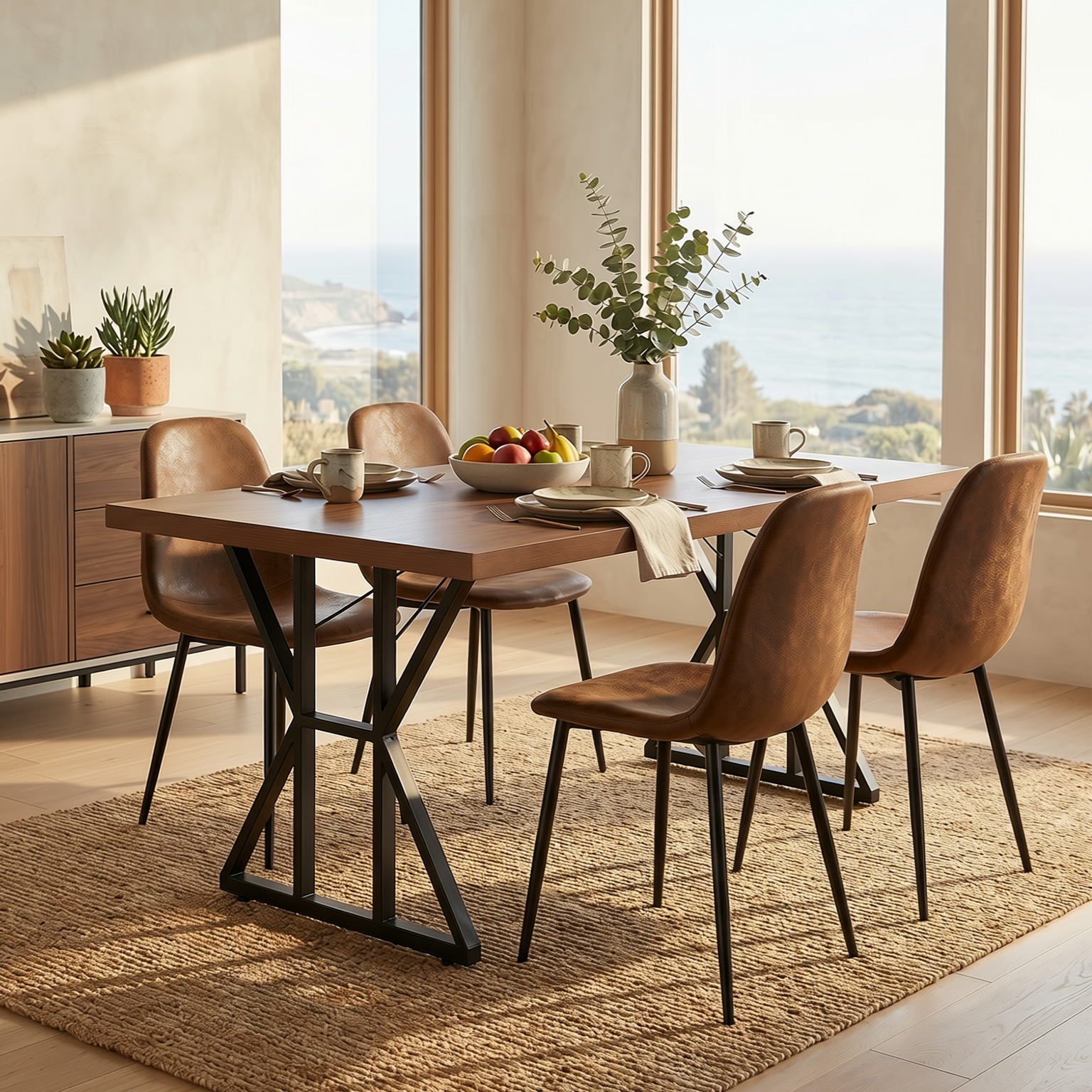 Homy Casa Leonard+Charlton 5PC Dining Set 63" Rectangular Table with Suede Brown Upholstered Chairs in Dark Brown