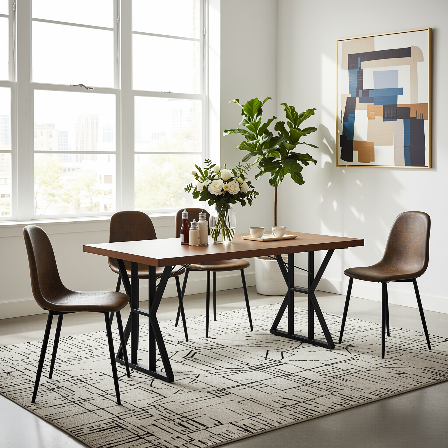 Homy Casa Leonard+Charlton 5PC Dining Set 63" Rectangular Table with Suede Brown Upholstered Chairs in Dark Brown