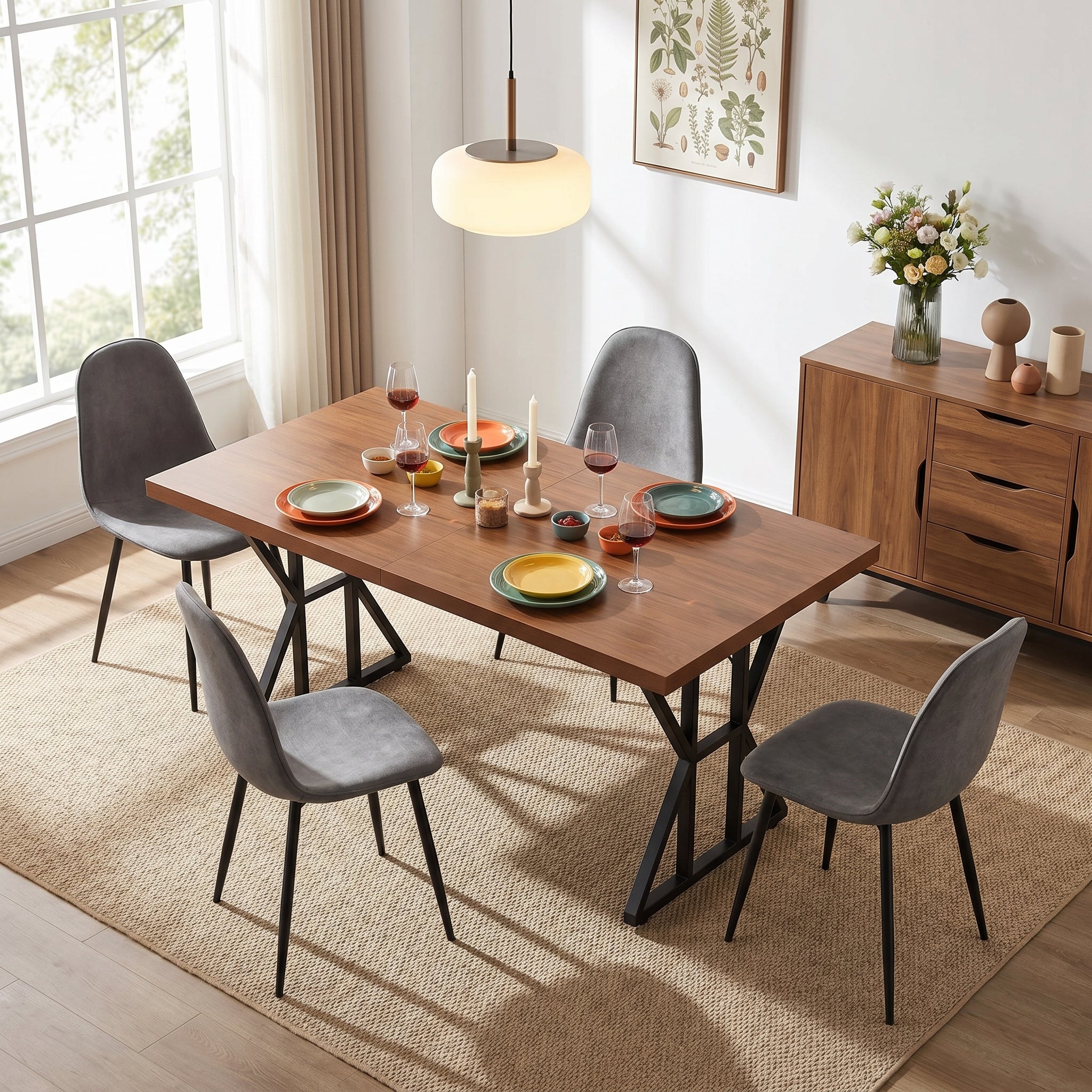 Homy Casa Leonard+Charlton 5PC Dining Set 63” Rectangular Table with 4 Grey Upholstered Chairs in Black Metal Frame
