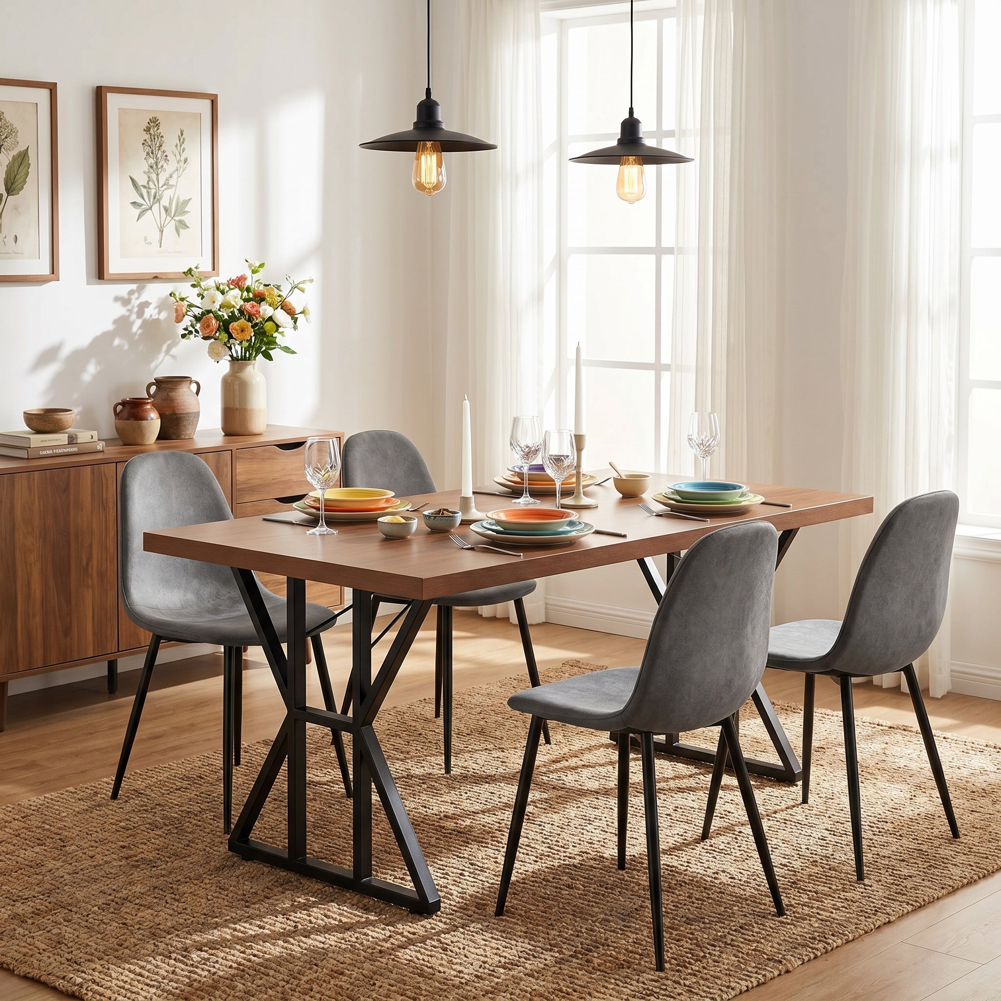 Homy Casa Leonard+Charlton 5PC Dining Set 63” Rectangular Table with 4 Grey Upholstered Chairs in Black Metal Frame
