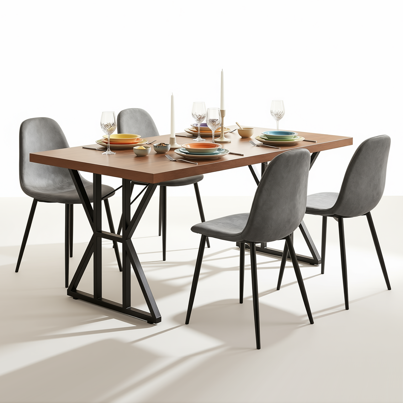 Homy Casa Leonard+Charlton 5PC Dining Set 63” Rectangular Table with 4 Grey Upholstered Chairs in Black Metal Frame