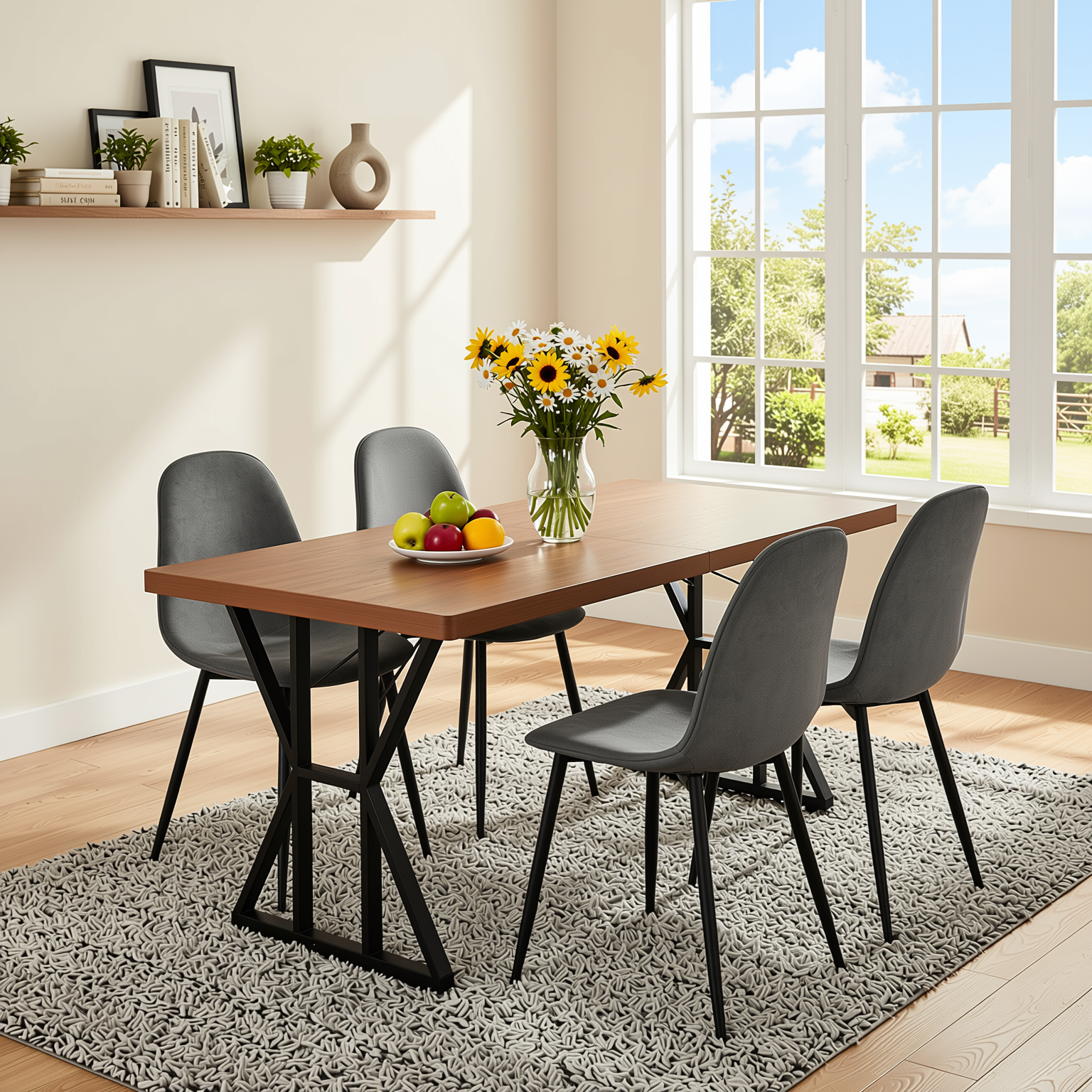 Homy Casa Leonard+Charlton 5PC Dining Set 63” Rectangular Table with 4 Grey Upholstered Chairs in Black Metal Frame